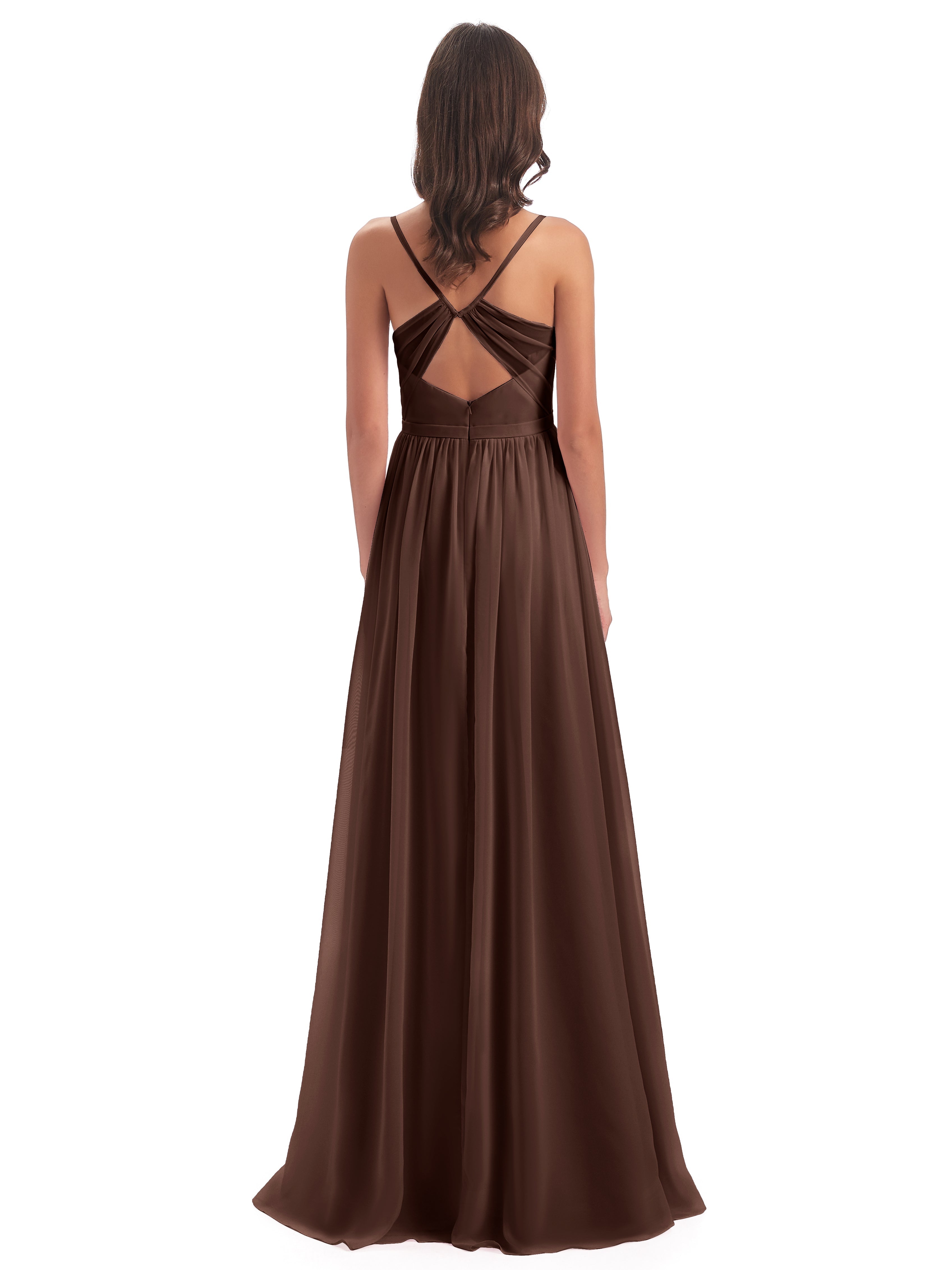 Robe Chocolat Demoiselle D Honneur Dos Ouvert Fendue Mousseline Robes Demoiselle D'Honneur