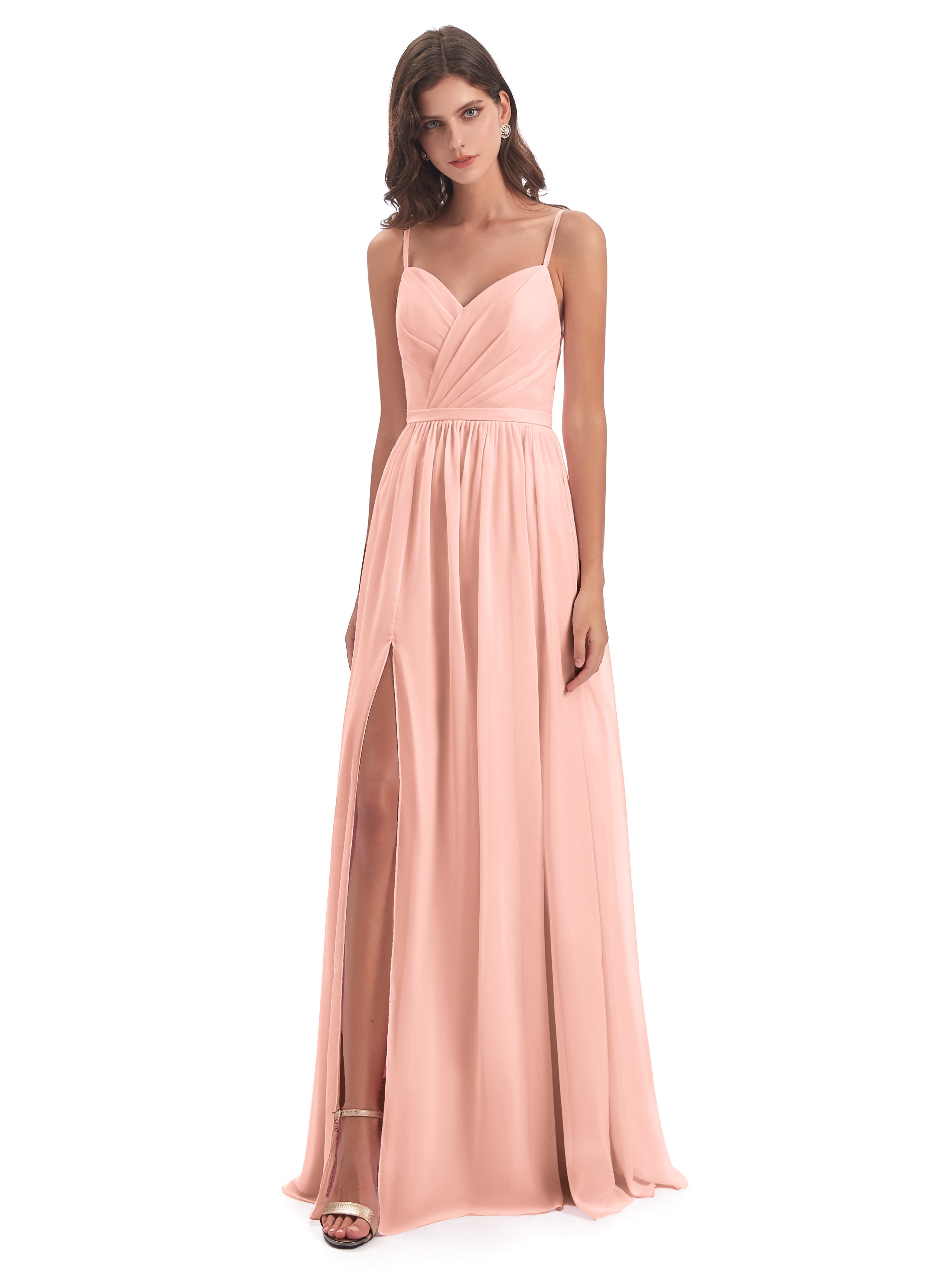 Robes De Demoiselle D'Honneur Couleur Corail Dos Ouvert Fendue Mousseline Robes Demoiselle D'Honneur