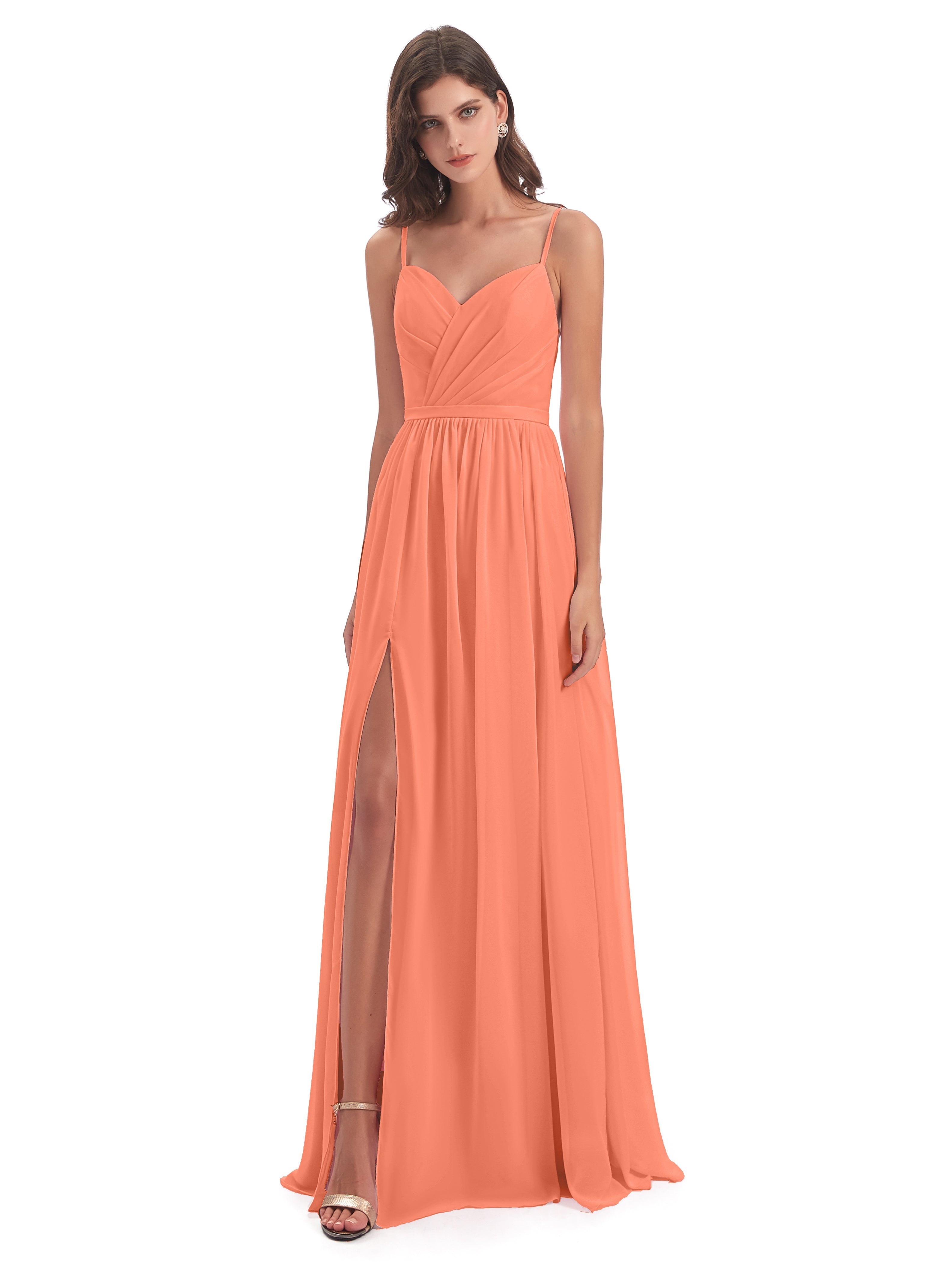 Robes De Demoiselle D'Honneur Coucher De Soleil Dos Ouvert Fendue Mousseline Robes Demoiselle D'Honneur