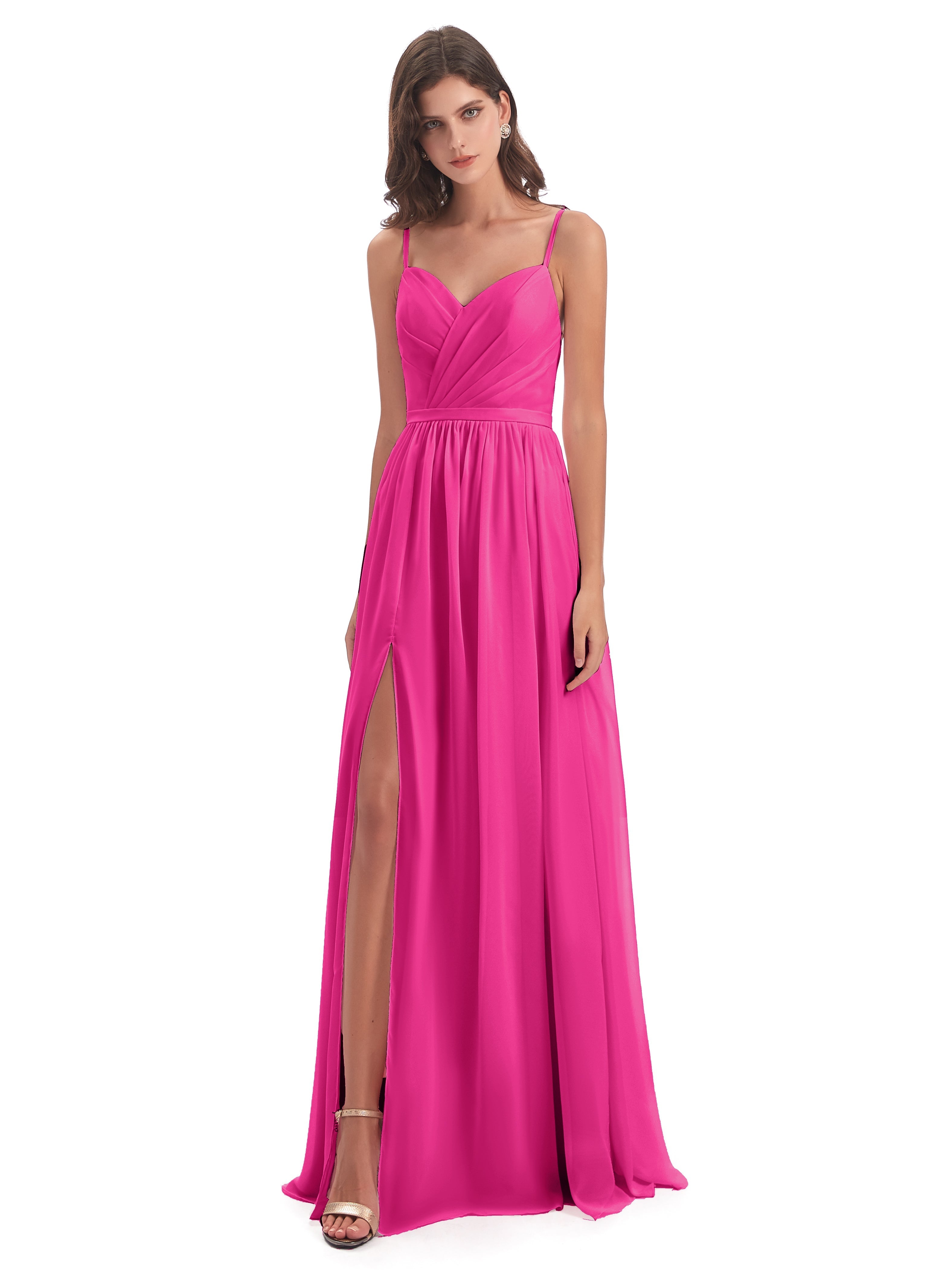 Robes De Demoiselle D'Honneur Couleur Fuchsia Rose Dos Ouvert Fendue Mousseline Robes Demoiselle D'Honneur