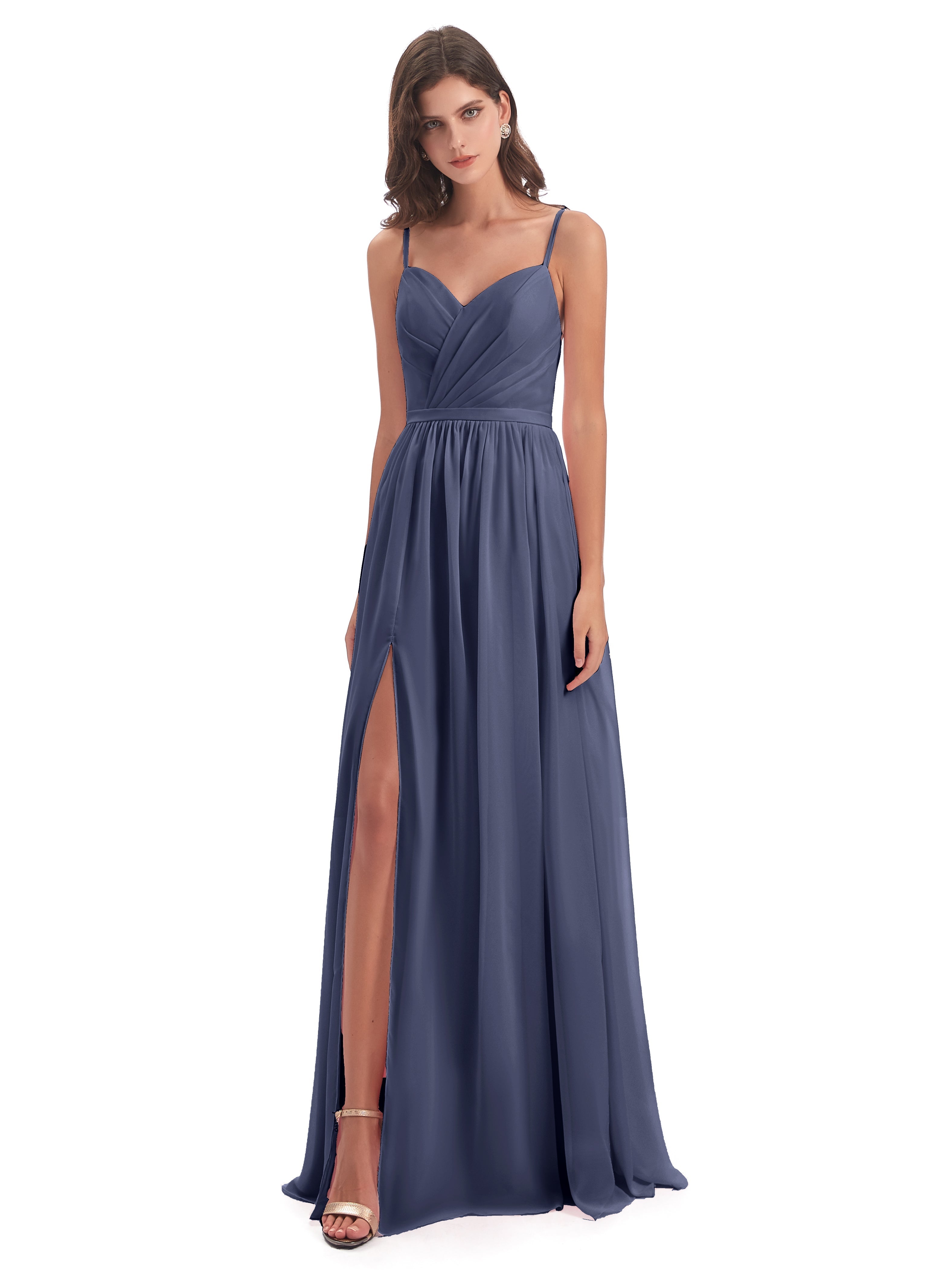 Robes De Demoiselle D'Honneur Bleu Orageux Dos Ouvert Fendue Mousseline Robes Demoiselle D'Honneur