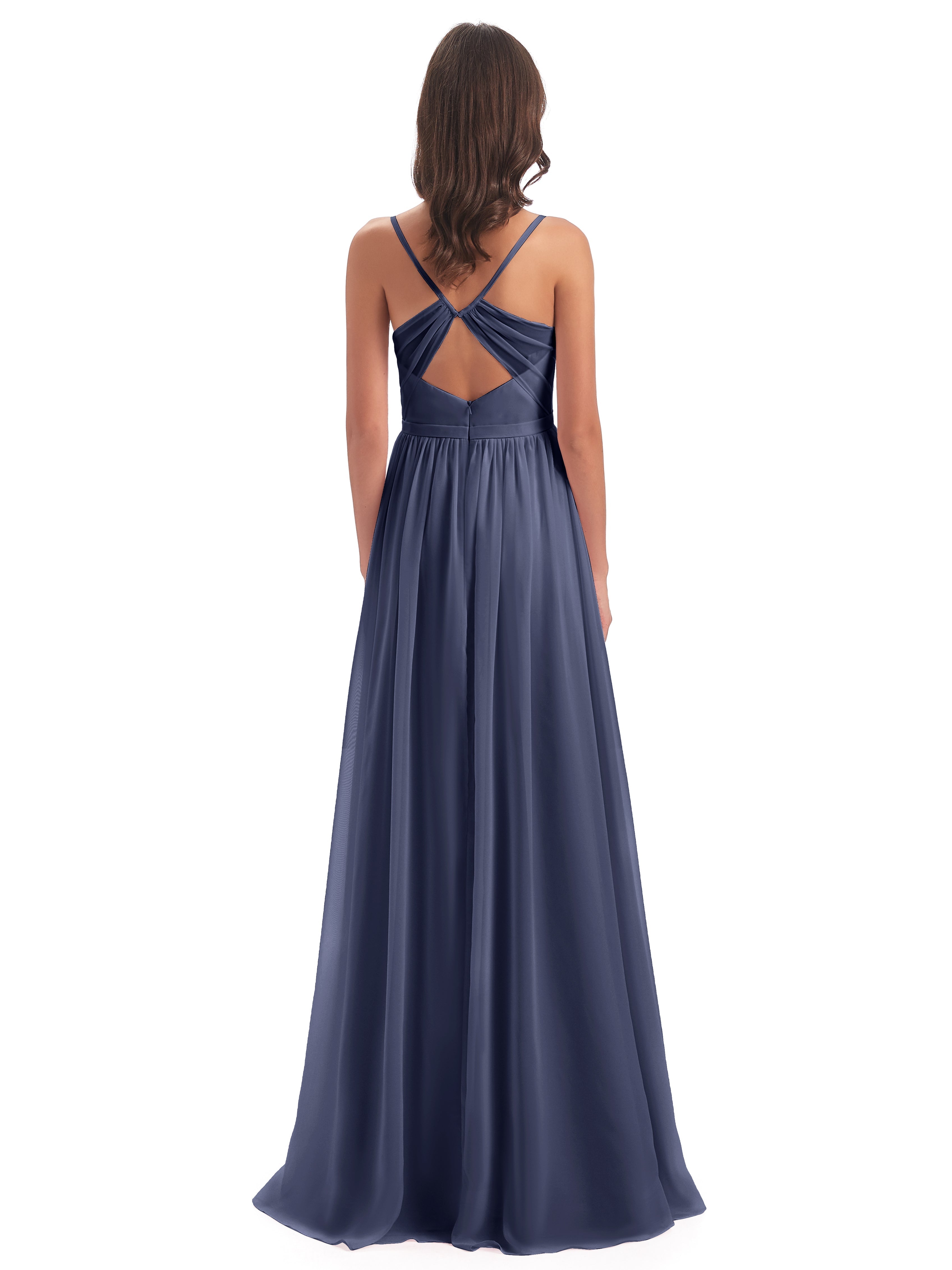 Robes De Demoiselle D'Honneur Bleu Orageux Dos Ouvert Fendue Mousseline Robes Demoiselle D'Honneur