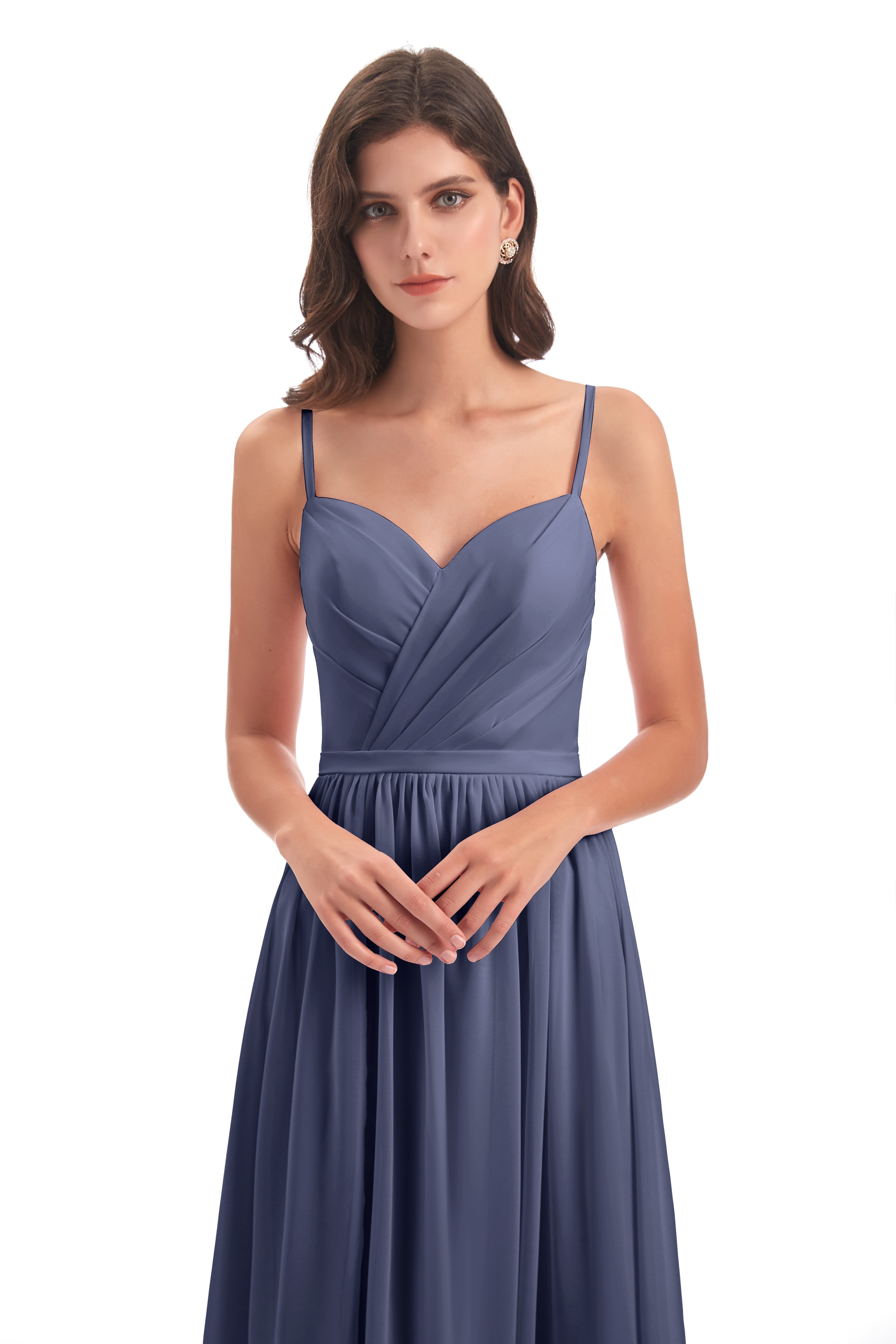 Robes De Demoiselle D'Honneur Bleu Orageux Dos Ouvert Fendue Mousseline Robes Demoiselle D'Honneur
