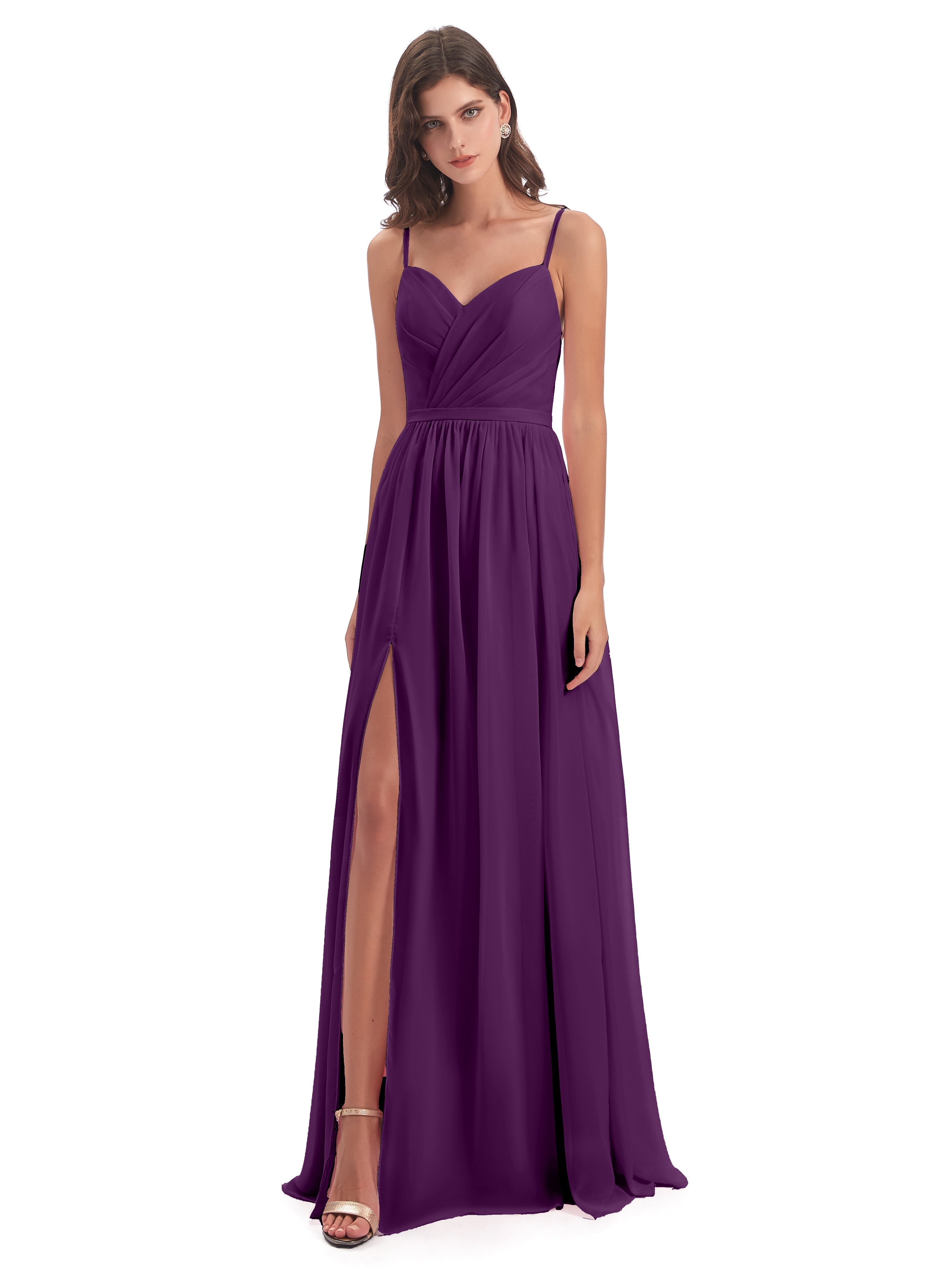 Robes De Demoiselle D'Honneur En Raisin Dos Ouvert Fendue Mousseline Robes Demoiselle D'Honneur