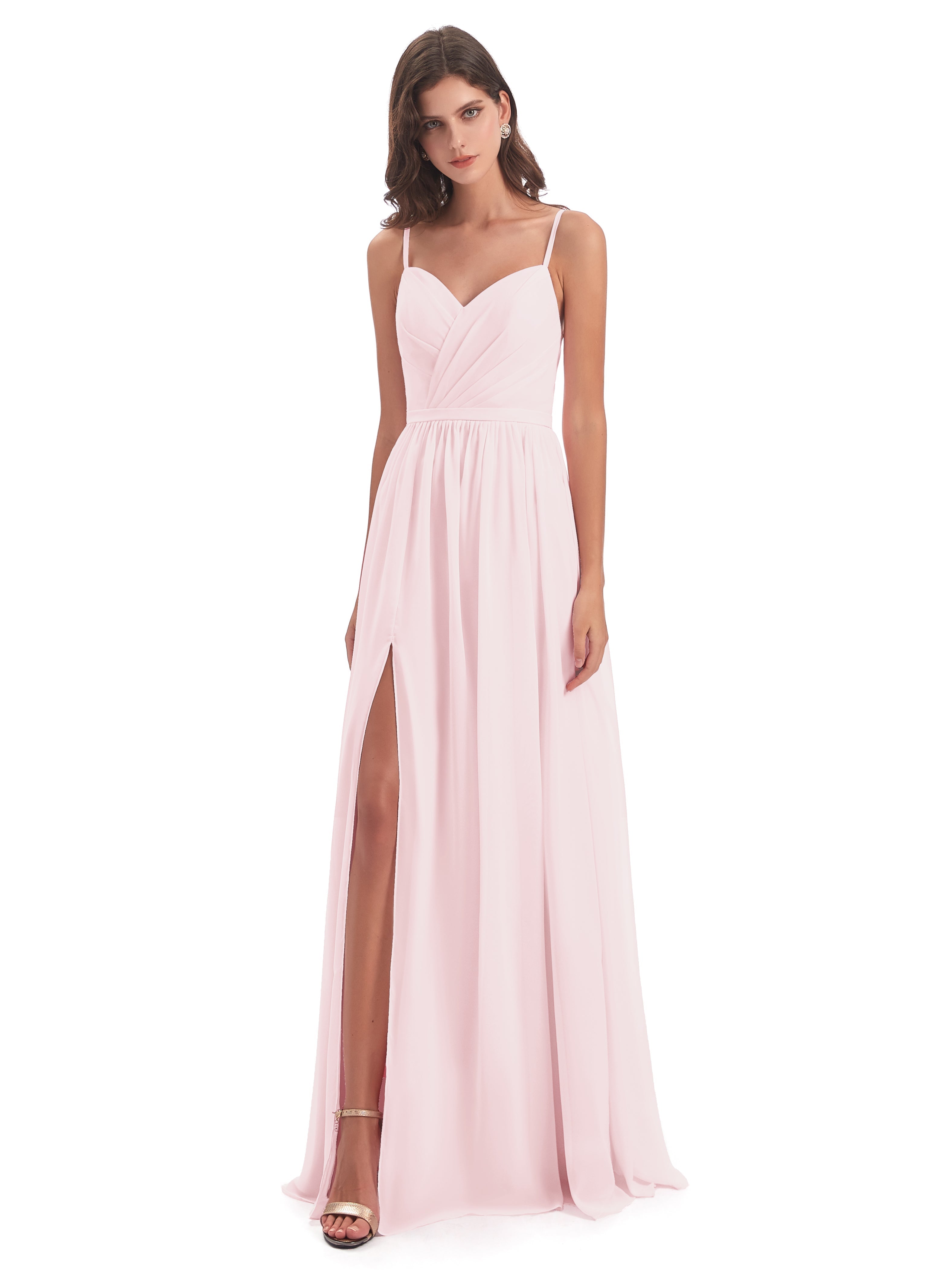 Robe De Demoiselle D Honneur Rose Pale Dos Ouvert Fendue Mousseline Robes Demoiselle D'Honneur