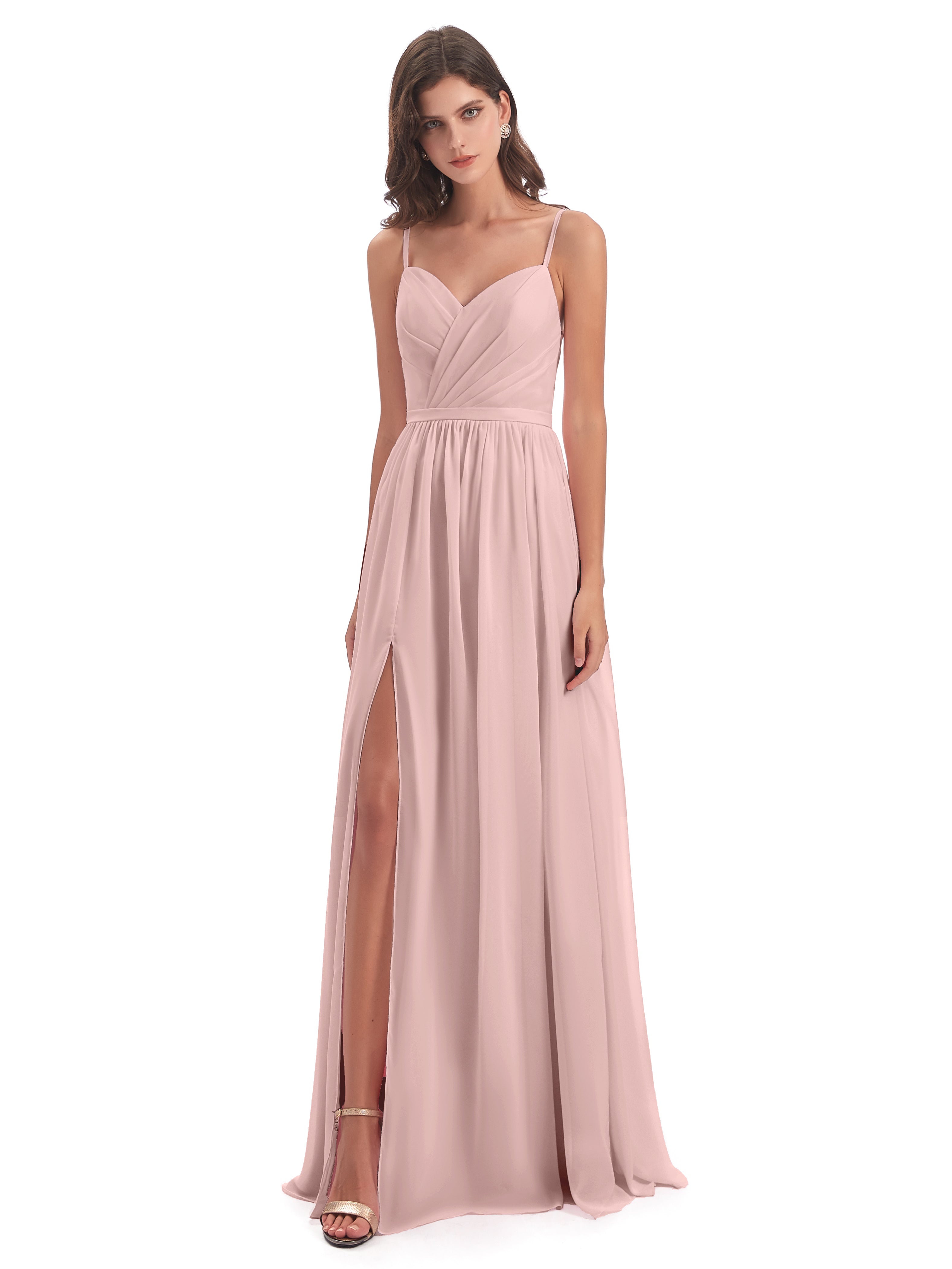 Longues Robes De Demoiselle D'Honneur De Rose Poudrée Dos Ouvert Fendue Mousseline Robes Demoiselle D'Honneur