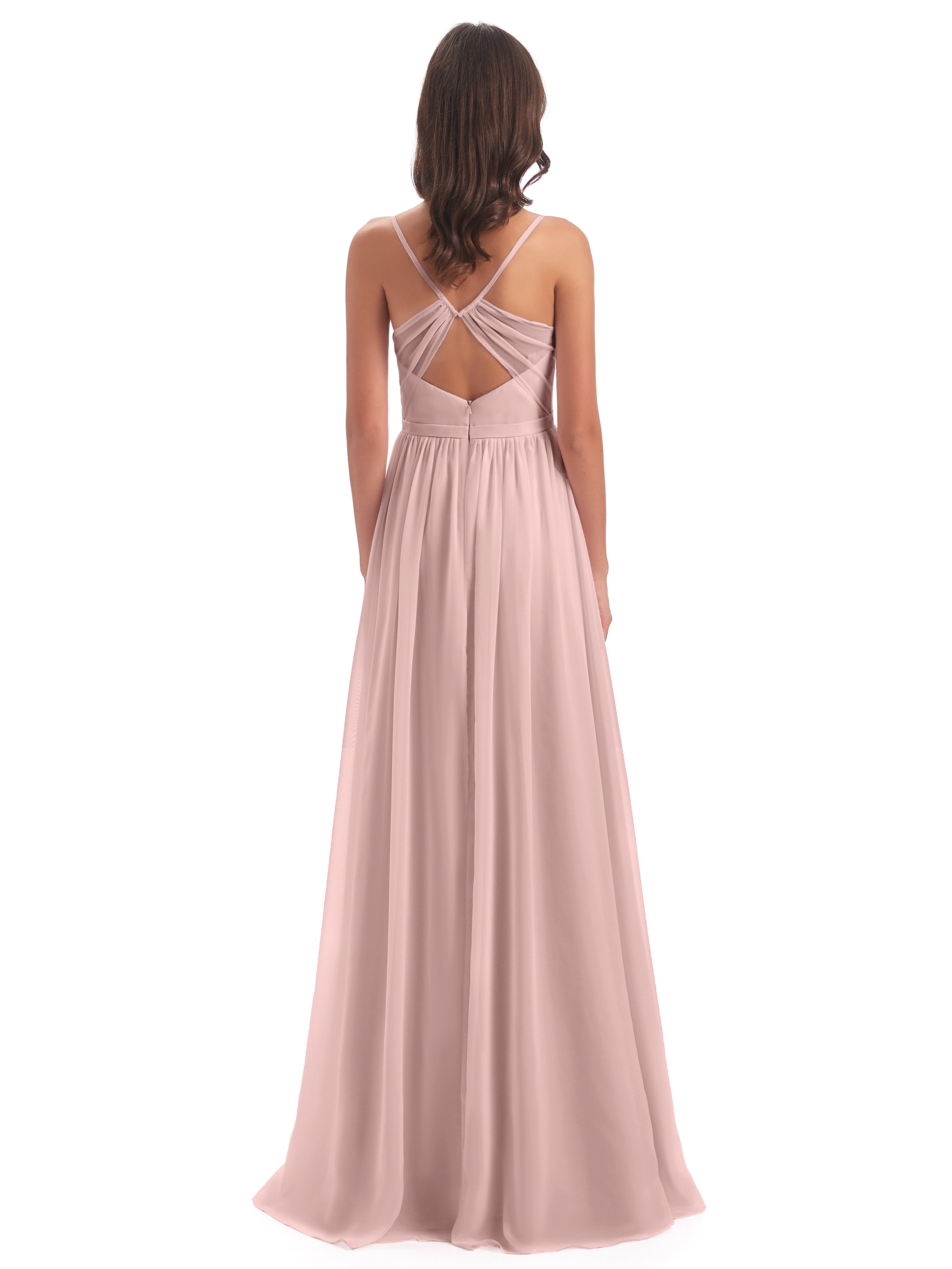 Longues Robes De Demoiselle D'Honneur De Rose Poudrée Dos Ouvert Fendue Mousseline Robes Demoiselle D'Honneur