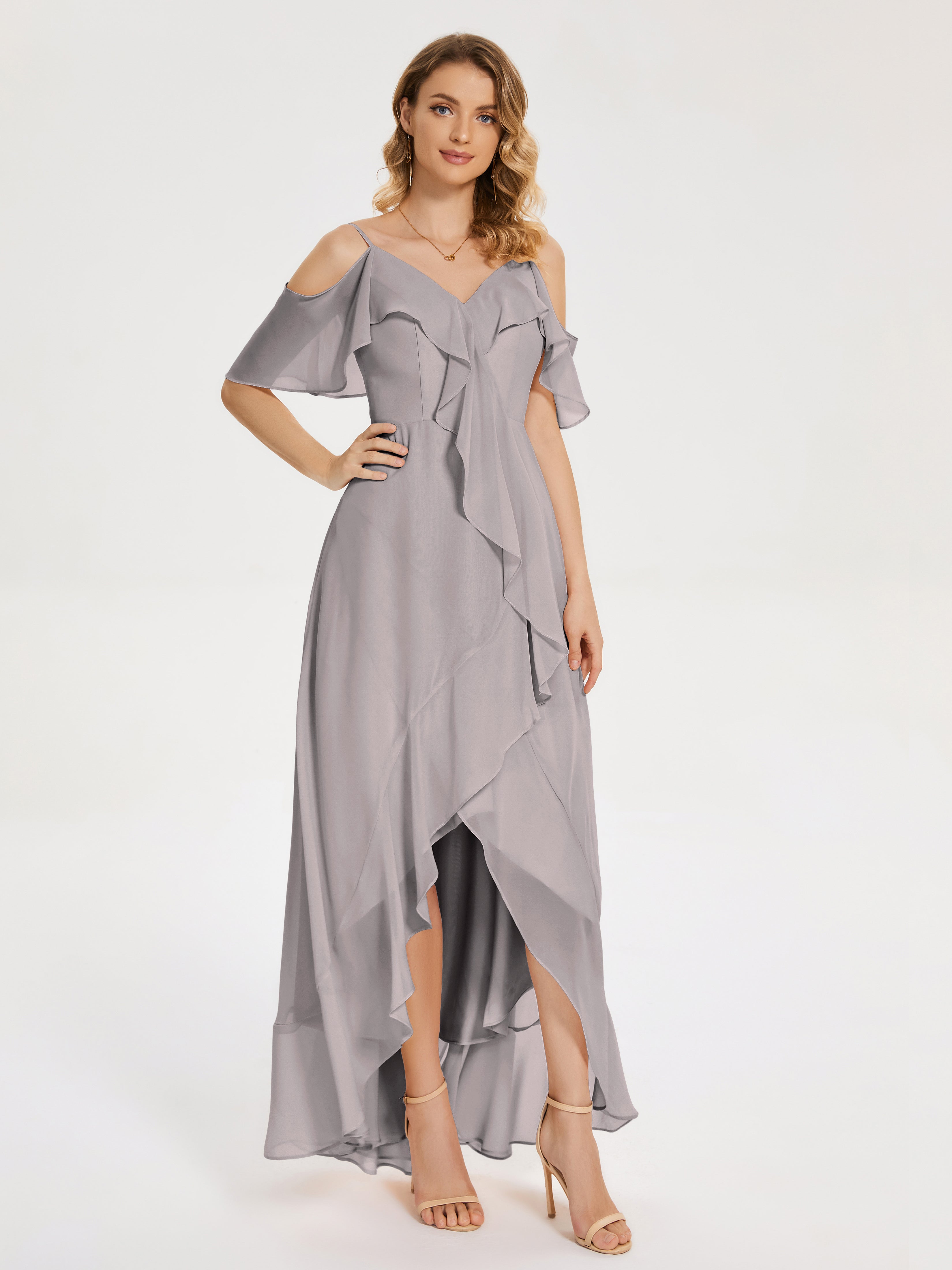 Robe Demoiselle D Honneur Argentée Asymétrique Mousseline Robes Demoiselle D'Honneur À Lacet