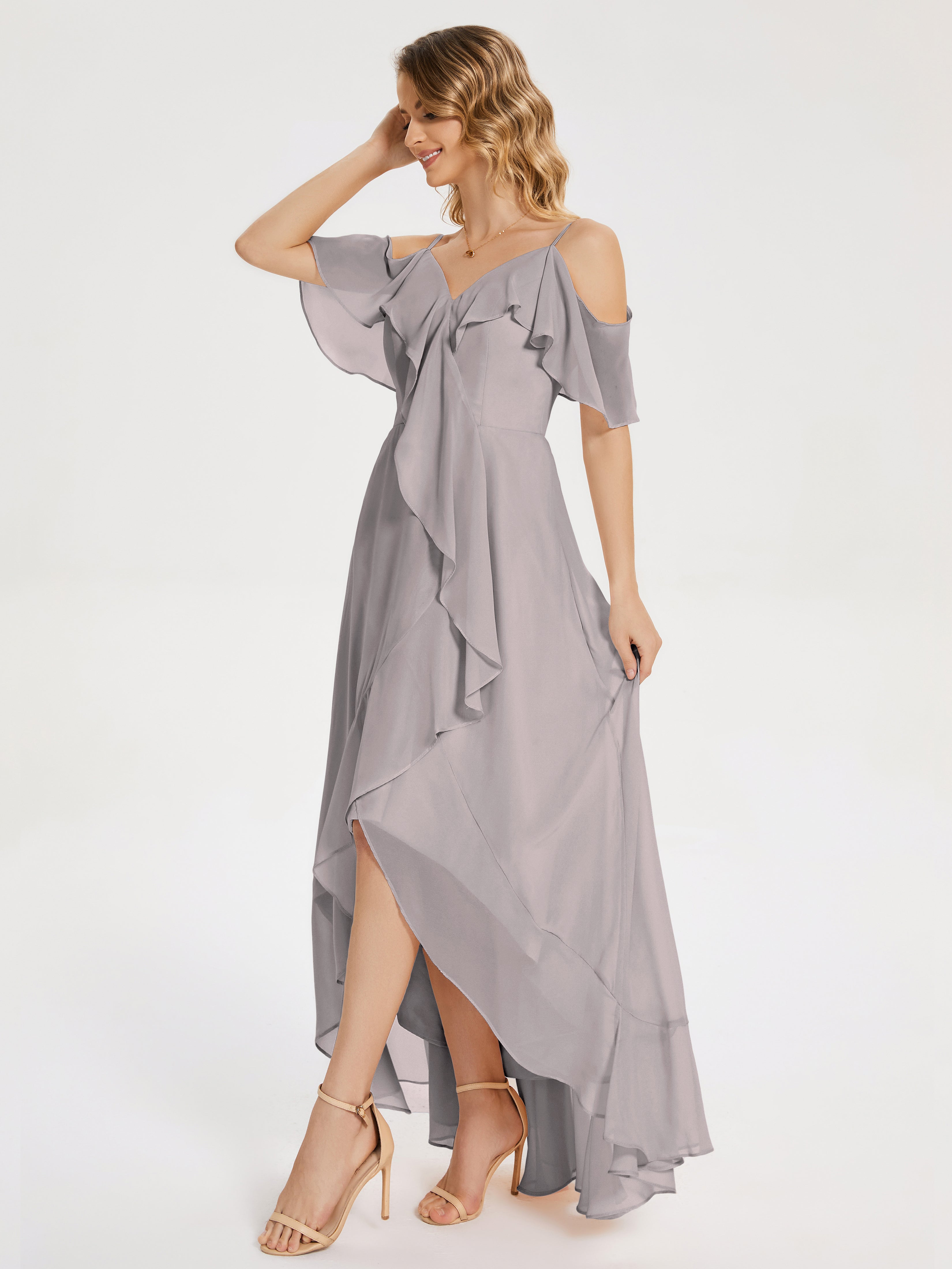 Robe Demoiselle D Honneur Argentée Asymétrique Mousseline Robes Demoiselle D'Honneur À Lacet