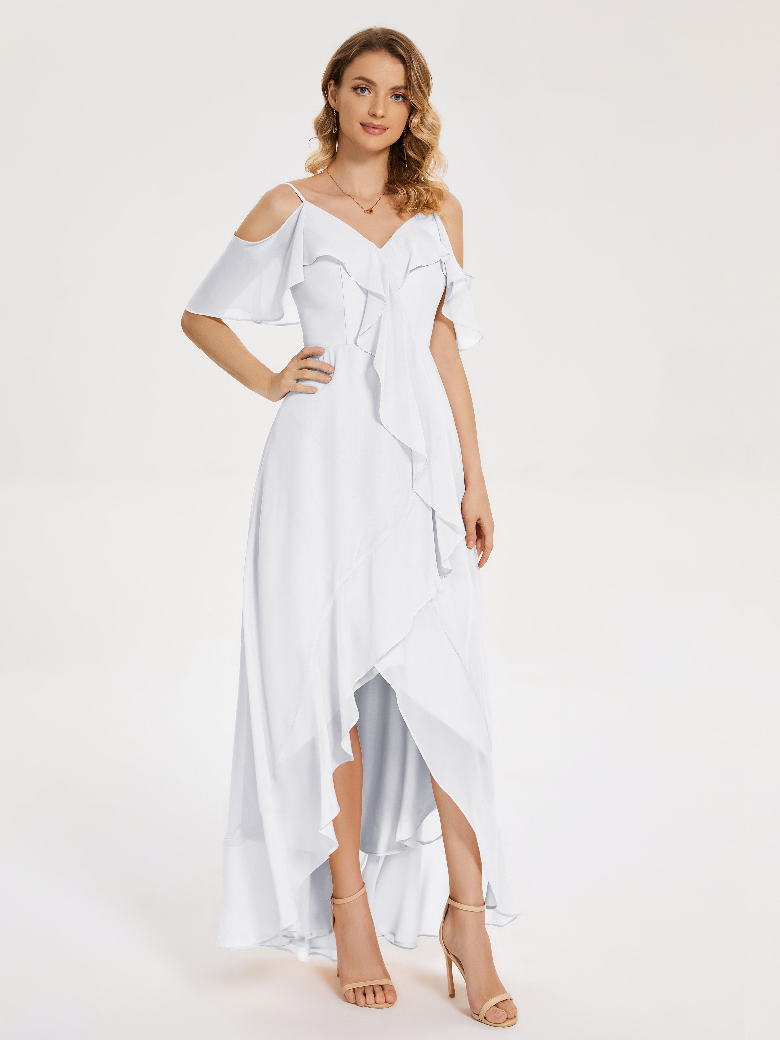 Robe Demoiselle D Honneur Blanc Asymétrique Mousseline Robes Demoiselle D'Honneur À Lacet