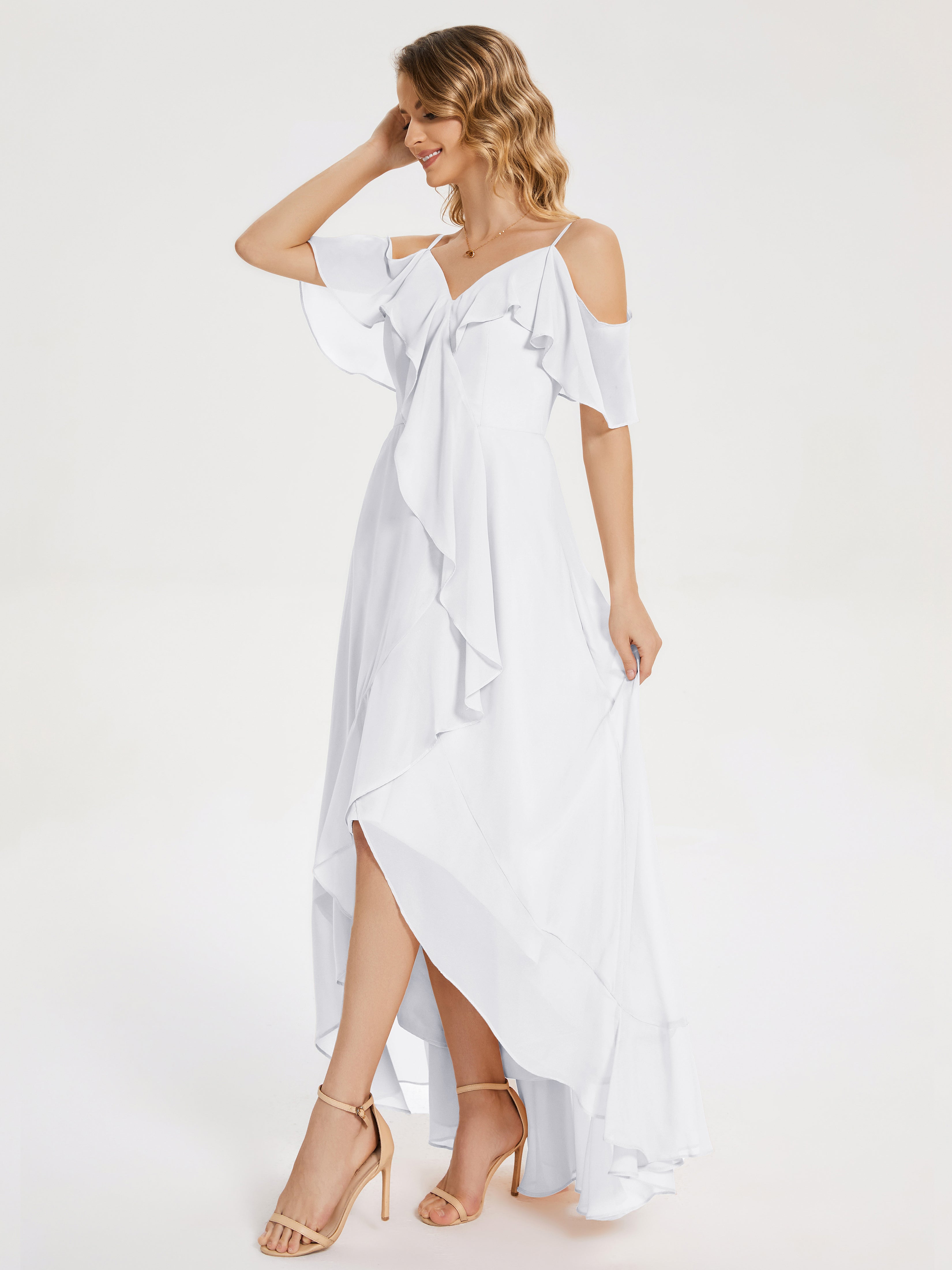 Robe Demoiselle D Honneur Blanc Asymétrique Mousseline Robes Demoiselle D'Honneur À Lacet