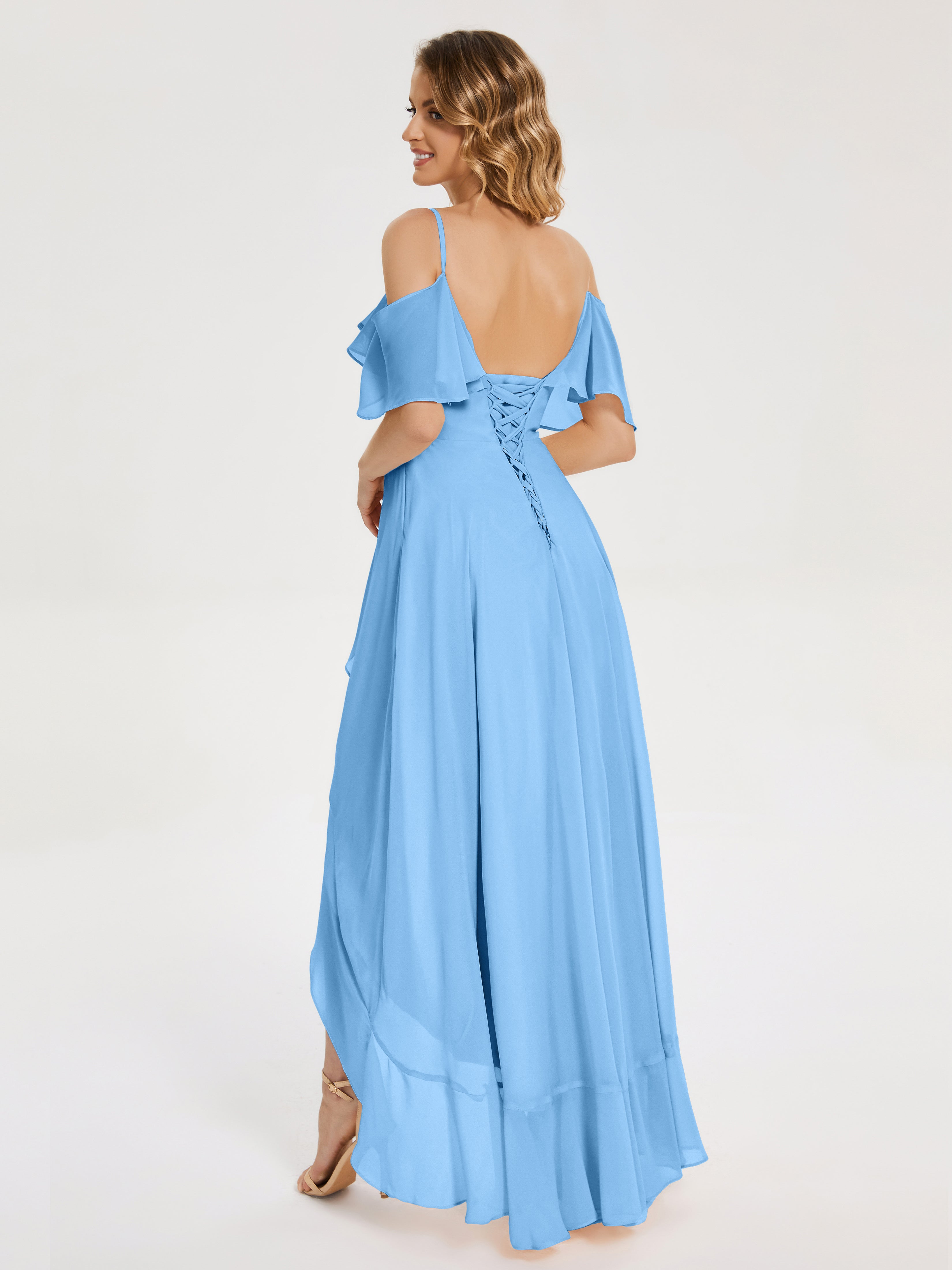 Robe De Demoiselle D Honneur Bleu Asymétrique Mousseline Robes Demoiselle D'Honneur À Lacet
