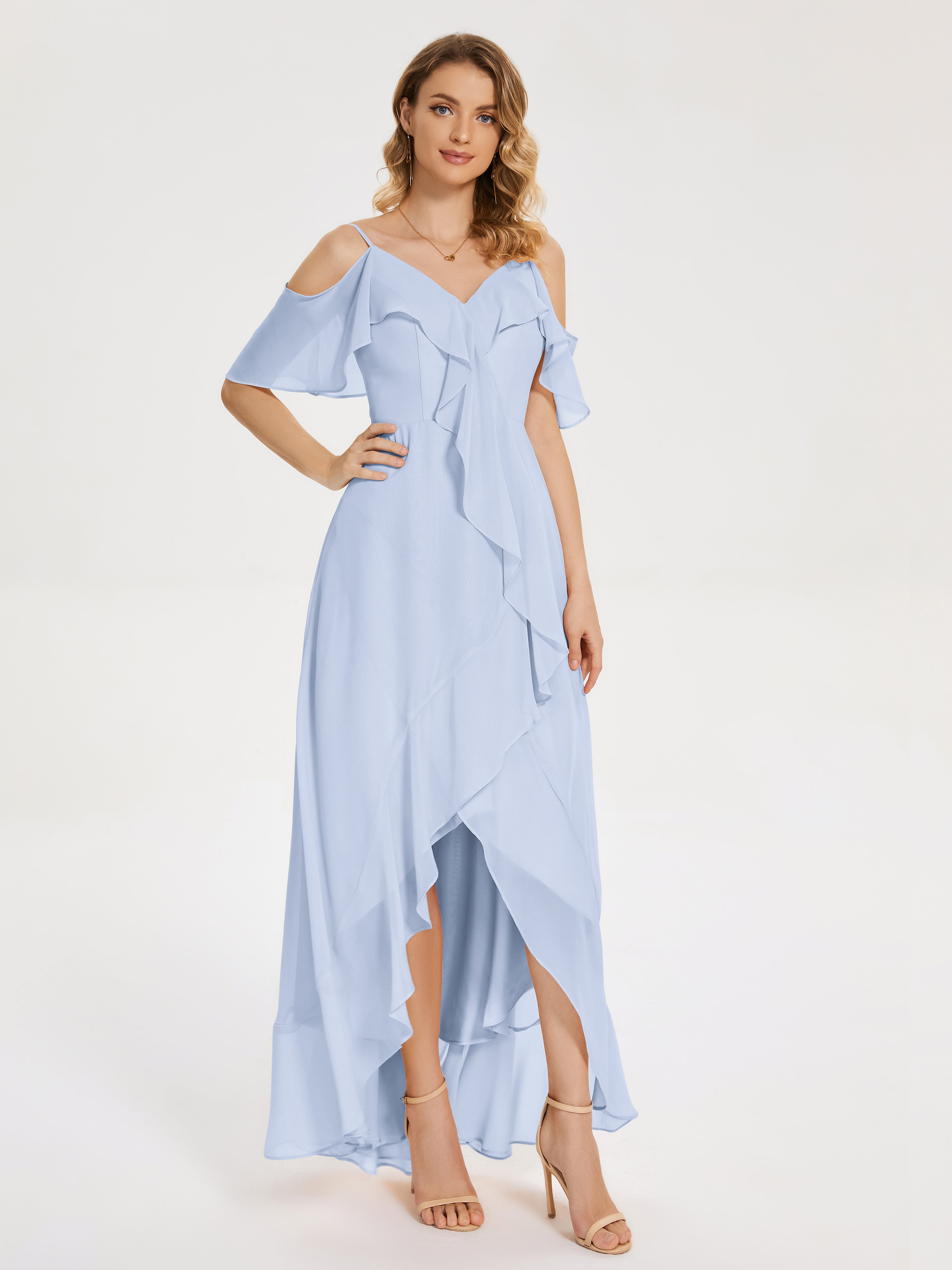 Robe Demoiselle D Honneur Bleu Ciel Asymétrique Mousseline Robes Demoiselle D'Honneur À Lacet