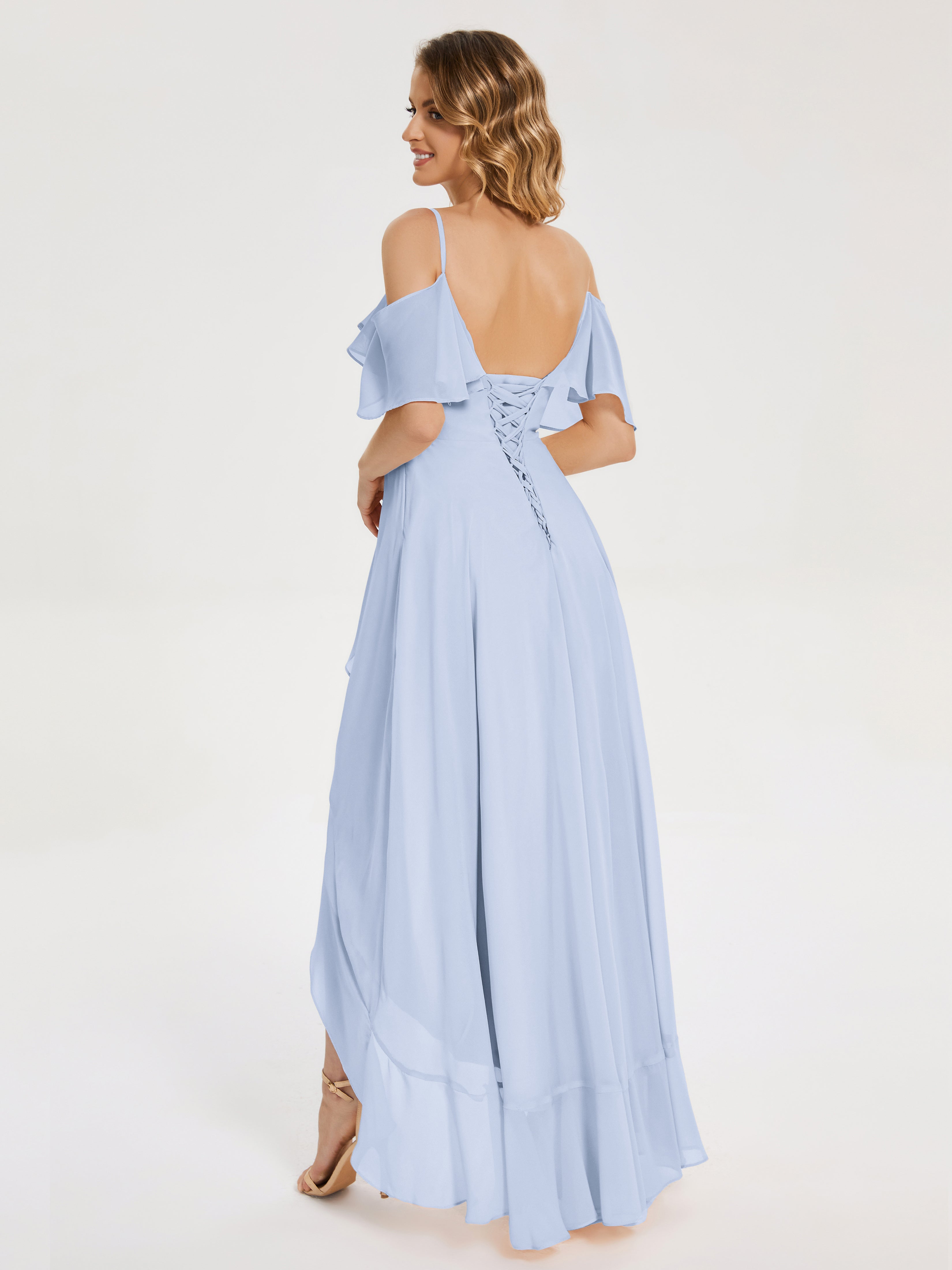 Robe Demoiselle D Honneur Bleu Ciel Asymétrique Mousseline Robes Demoiselle D'Honneur À Lacet