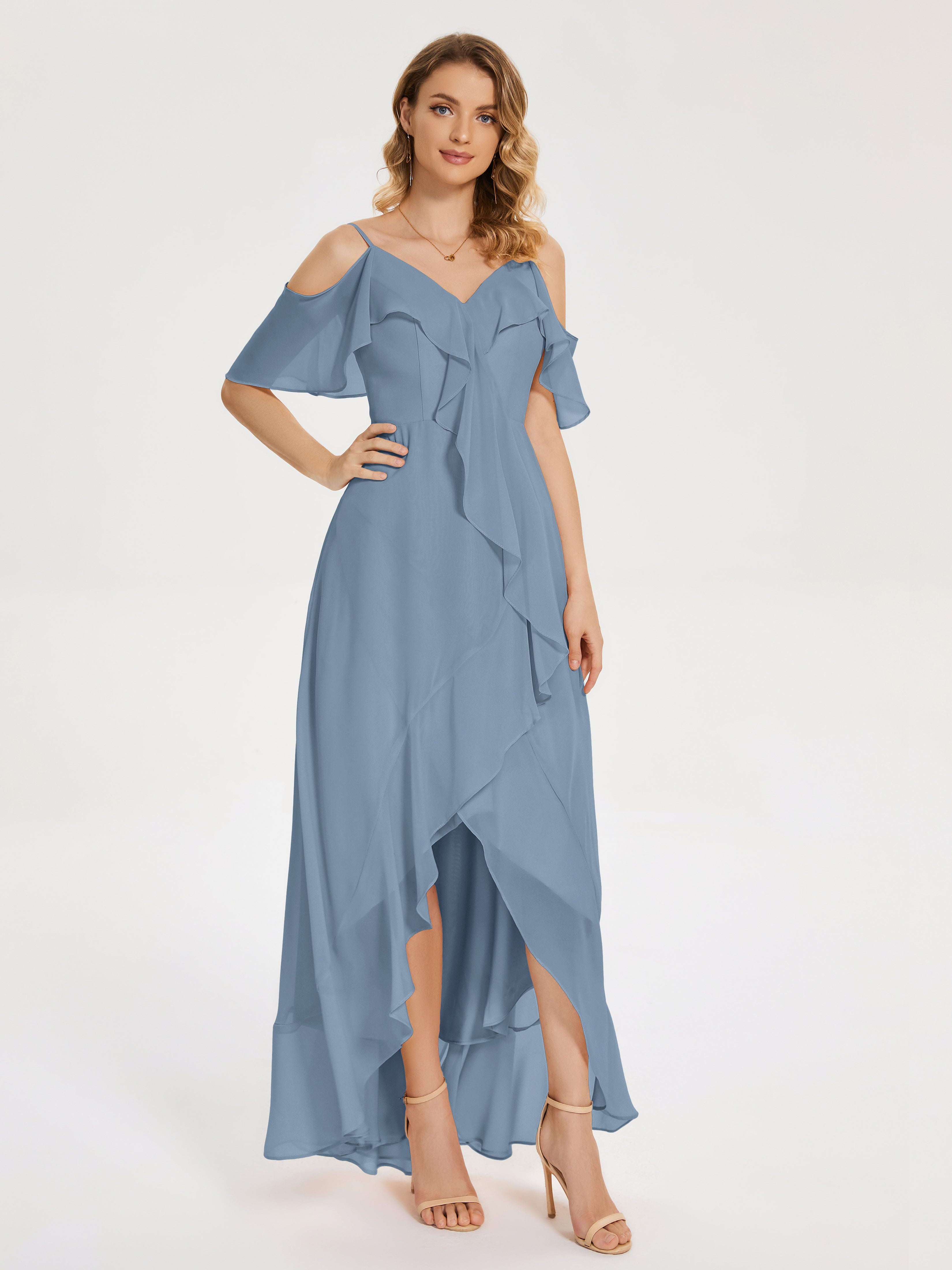 Robes De Demoiselle D'Honneur Bleu De Schiste Asymétrique Mousseline Robes Demoiselle D'Honneur À Lacet
