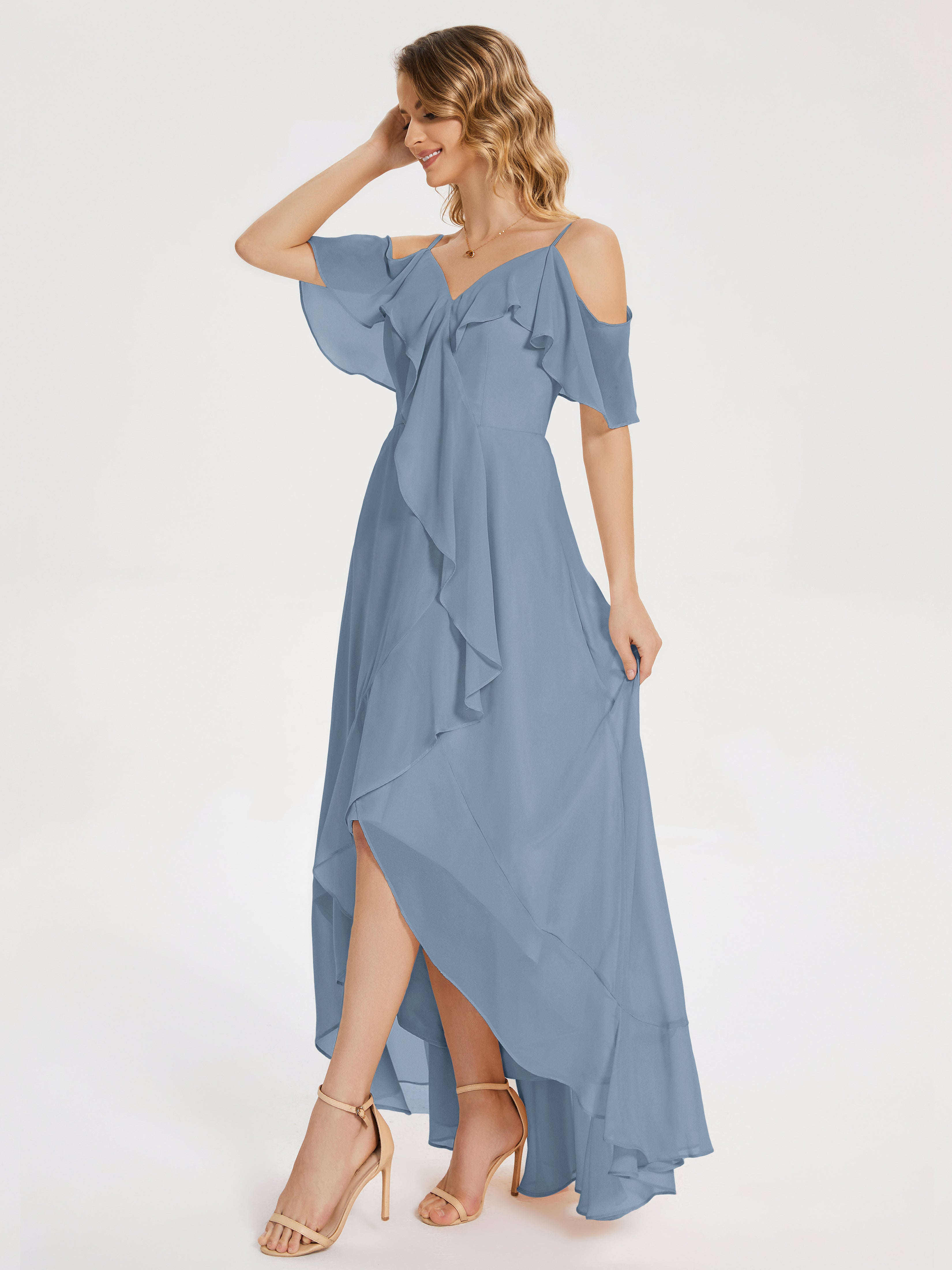 Robes De Demoiselle D'Honneur Bleu De Schiste Asymétrique Mousseline Robes Demoiselle D'Honneur À Lacet