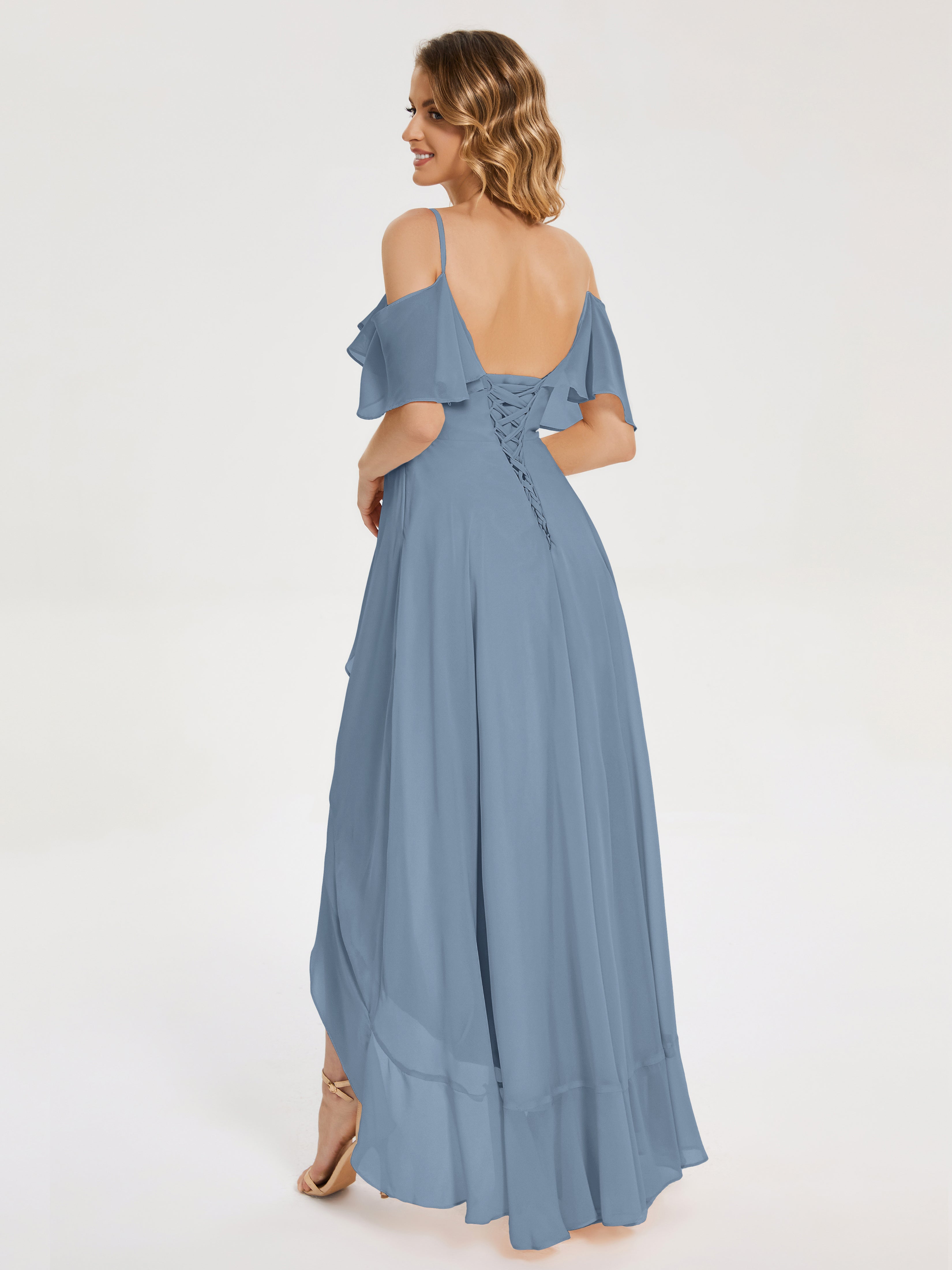 Robes De Demoiselle D'Honneur Bleu De Schiste Asymétrique Mousseline Robes Demoiselle D'Honneur À Lacet