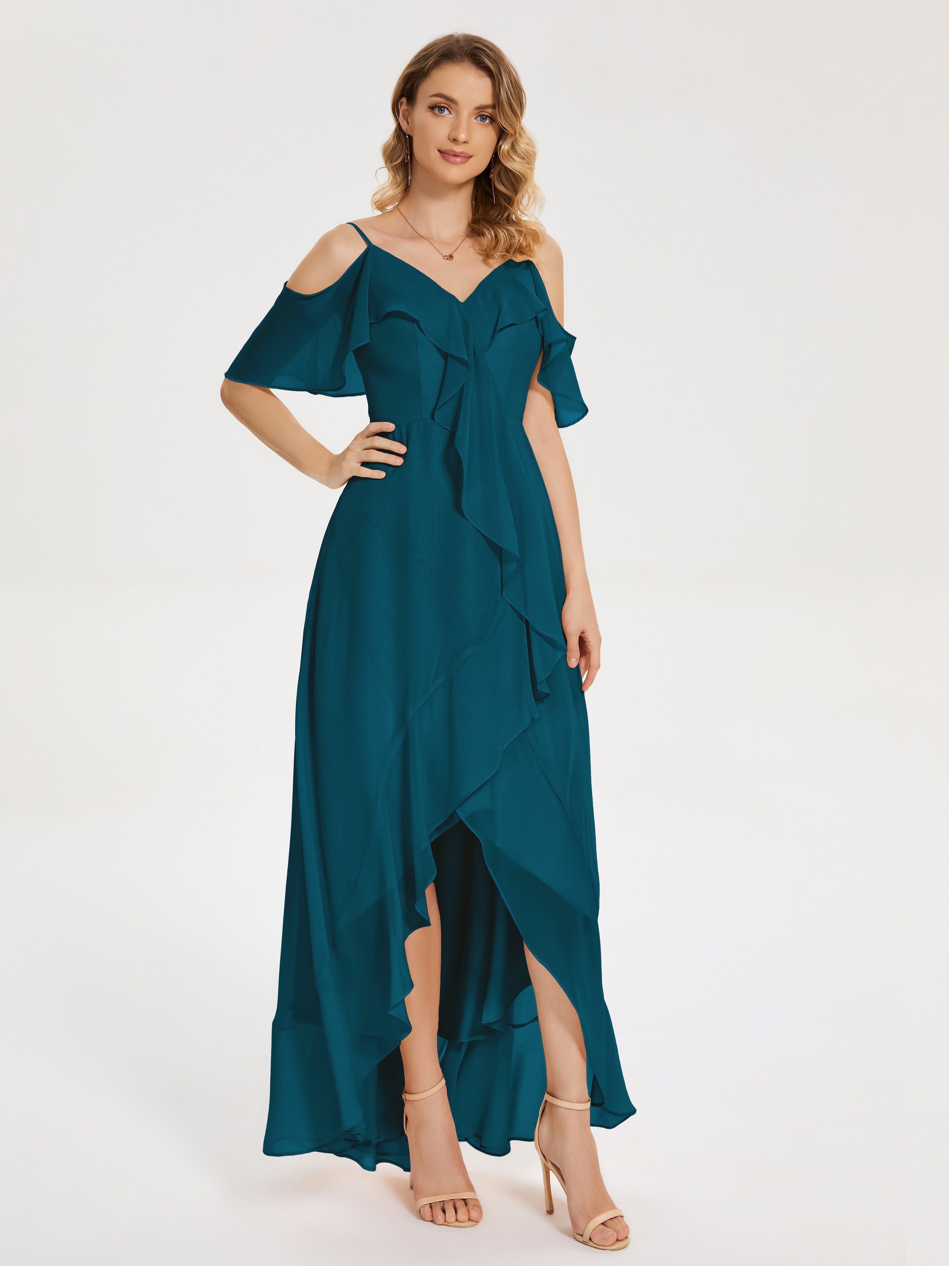 Robe De Demoiselle D'Honneur Bleu Encre Asymétrique Mousseline Robes Demoiselle D'Honneur À Lacet