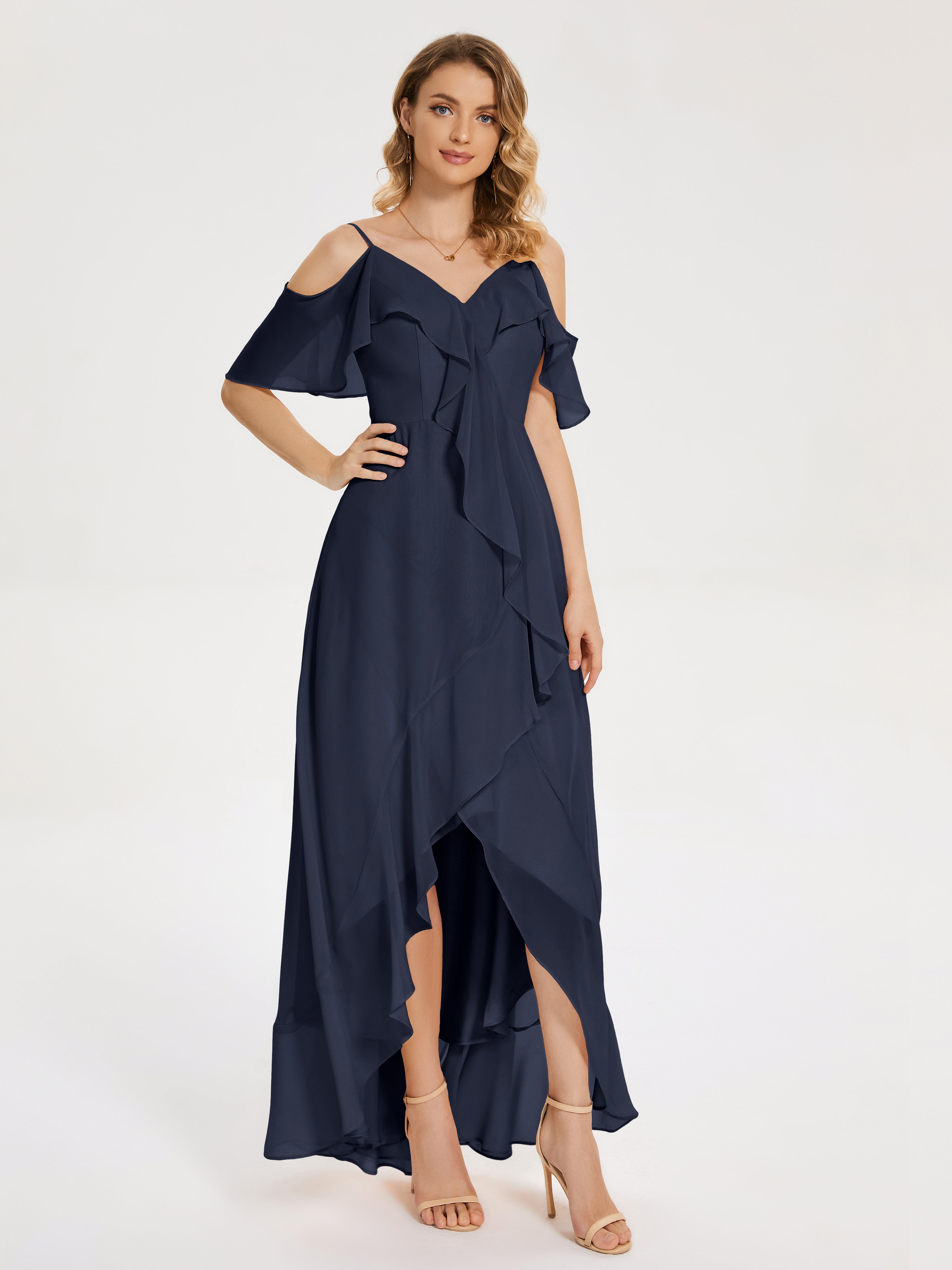 Robes De Demoiselle D'Honneur Bleu Marine Foncé Asymétrique Mousseline Robes Demoiselle D'Honneur À Lacet