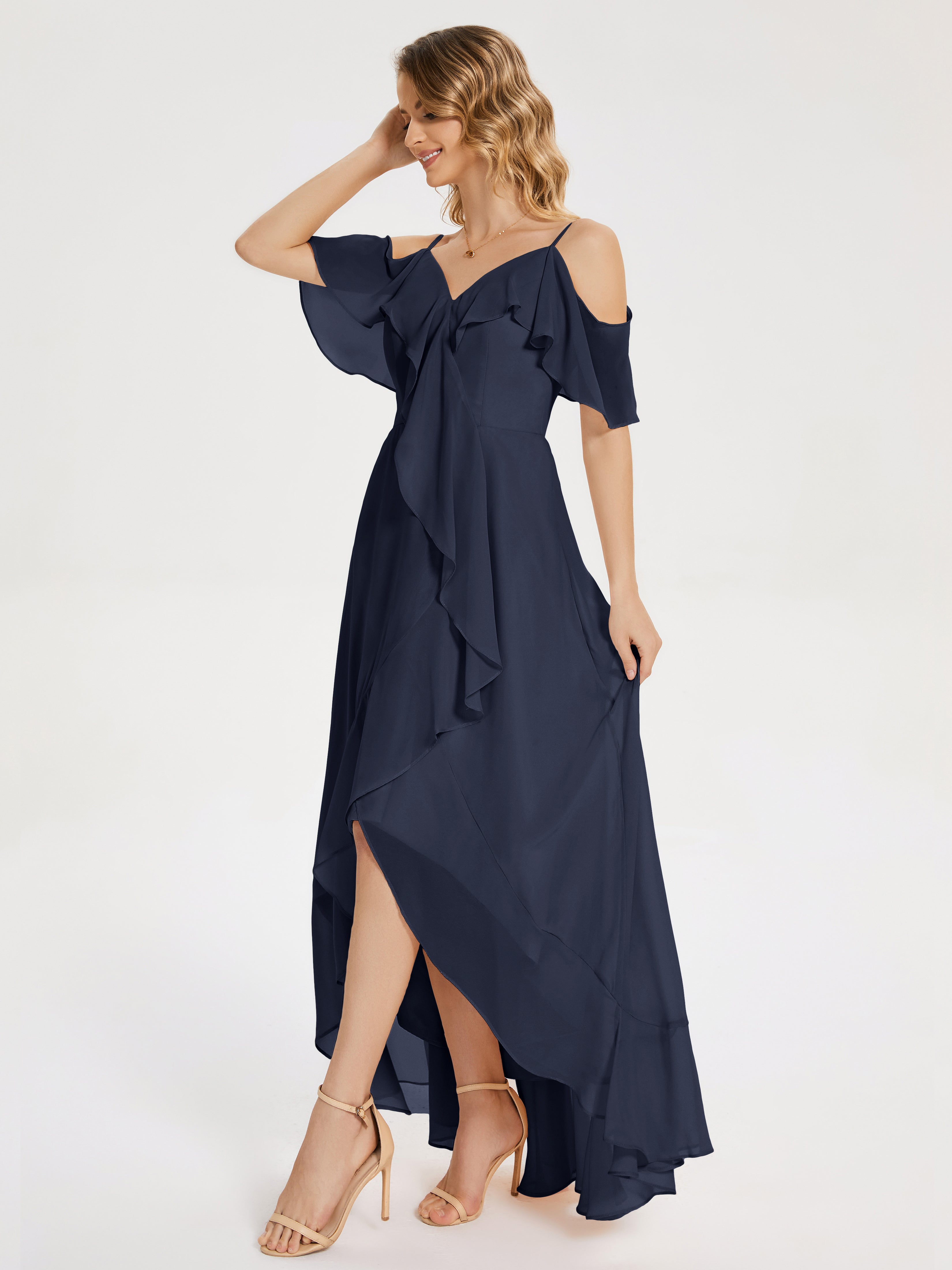 Robes De Demoiselle D'Honneur Bleu Marine Foncé Asymétrique Mousseline Robes Demoiselle D'Honneur À Lacet