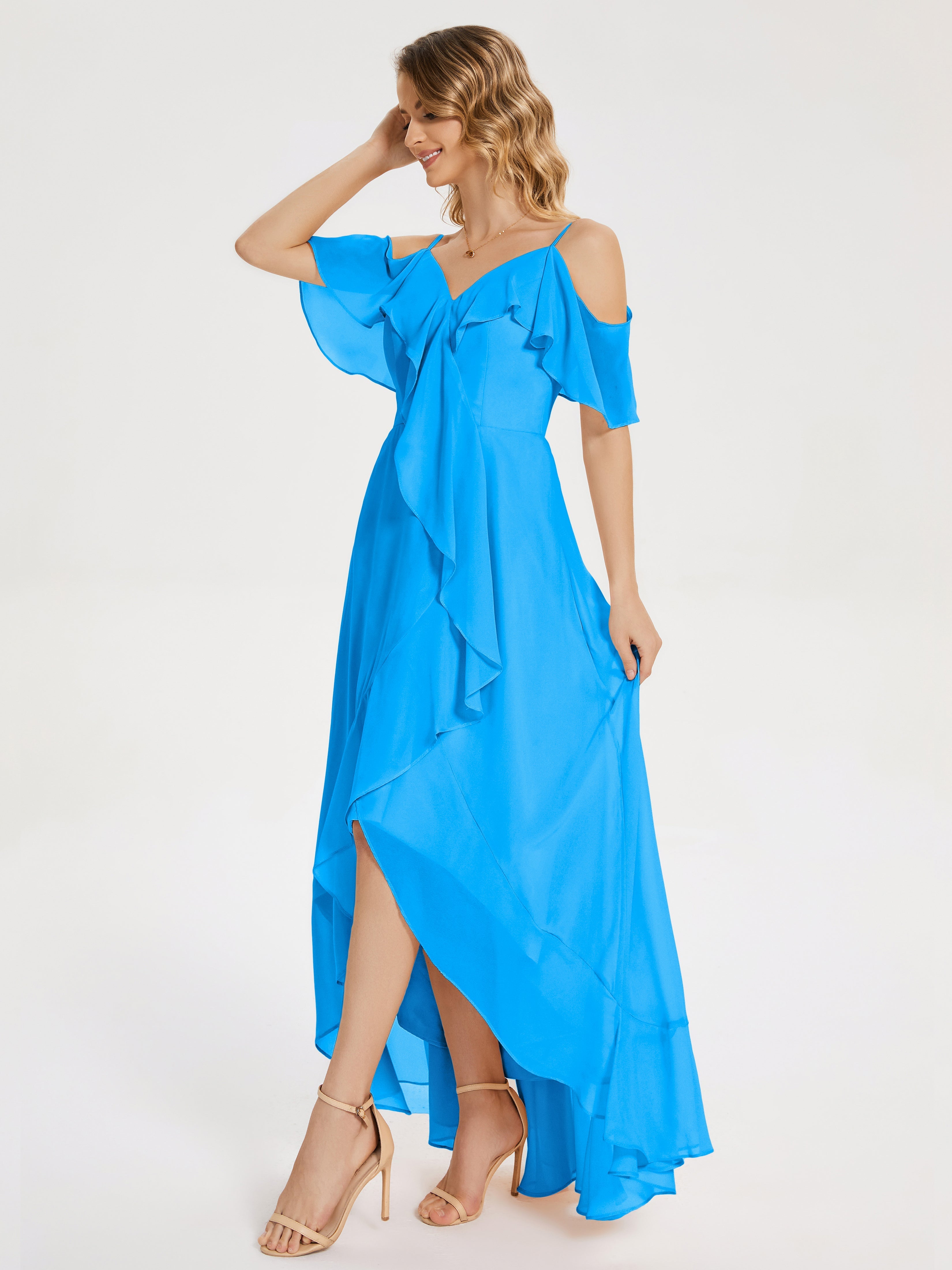 Robes De Demoiselle D'Honneur Bleu Océan Asymétrique Mousseline Robes Demoiselle D'Honneur À Lacet