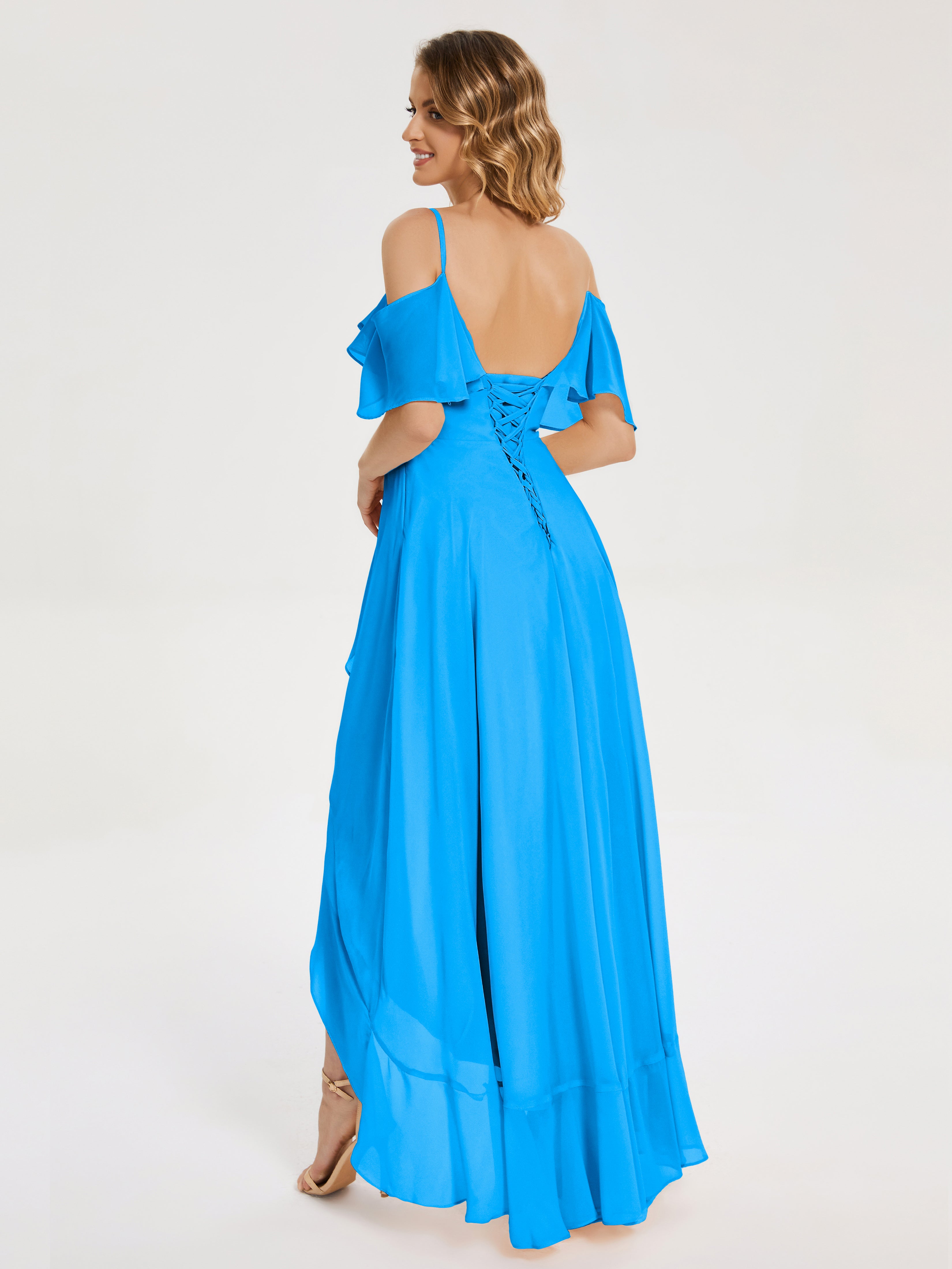 Robes De Demoiselle D'Honneur Bleu Océan Asymétrique Mousseline Robes Demoiselle D'Honneur À Lacet