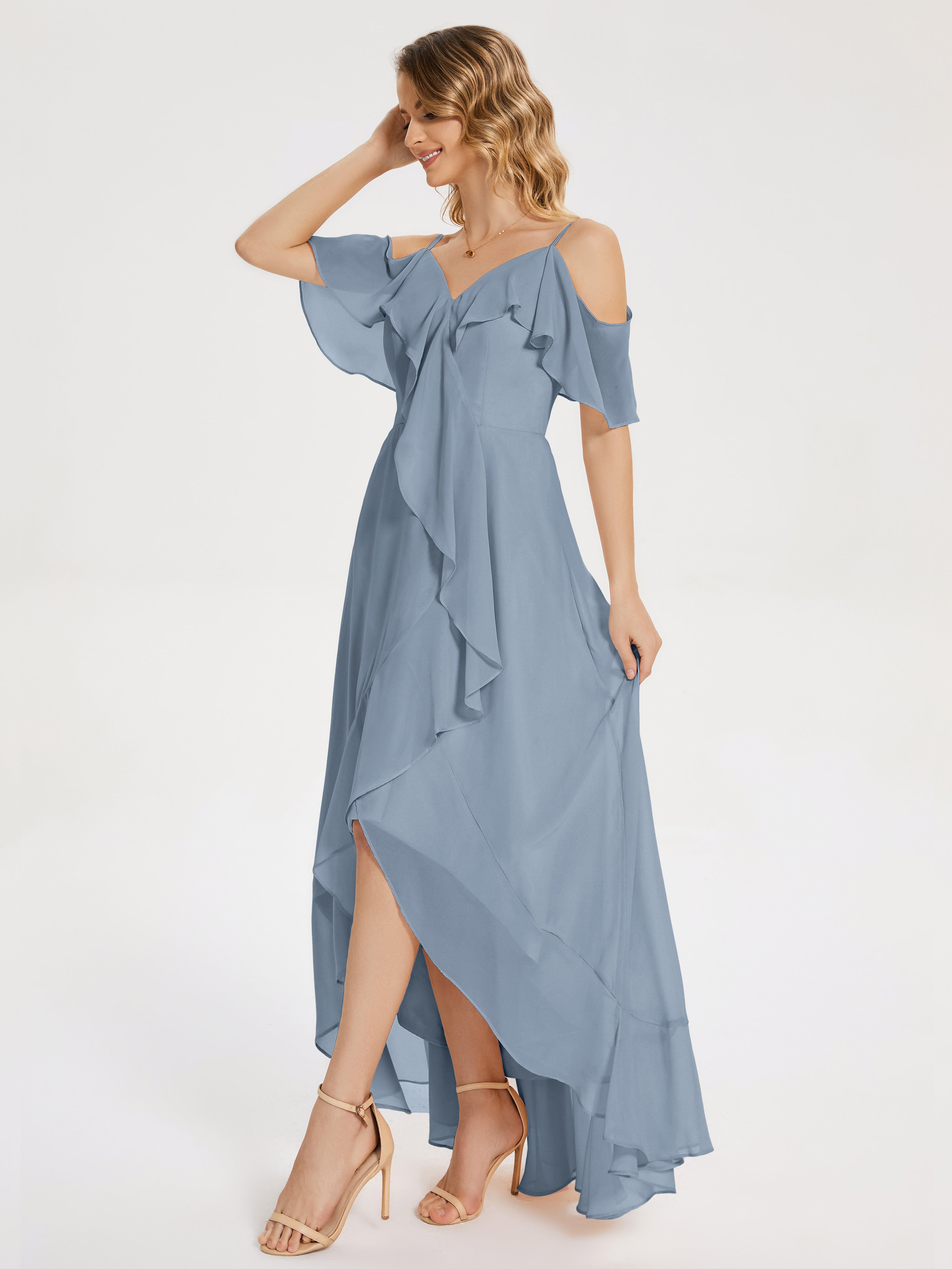 Robes De Demoiselle D'Honneur Bleu Gris Asymétrique Mousseline Robes Demoiselle D'Honneur À Lacet