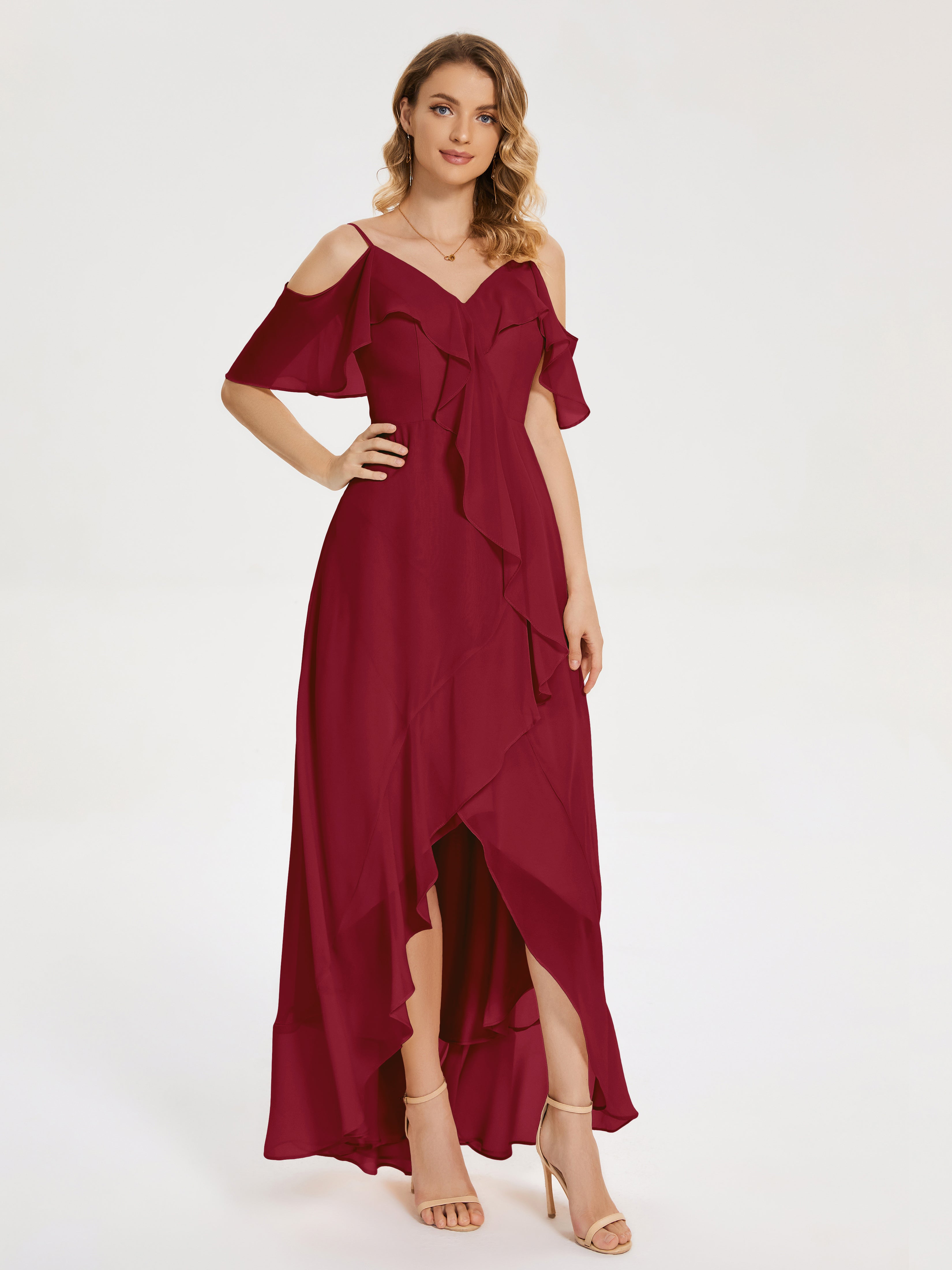 Robes De Demoiselle D'Honneur Rouge Bordeaux Asymétrique Mousseline Robes Demoiselle D'Honneur À Lacet