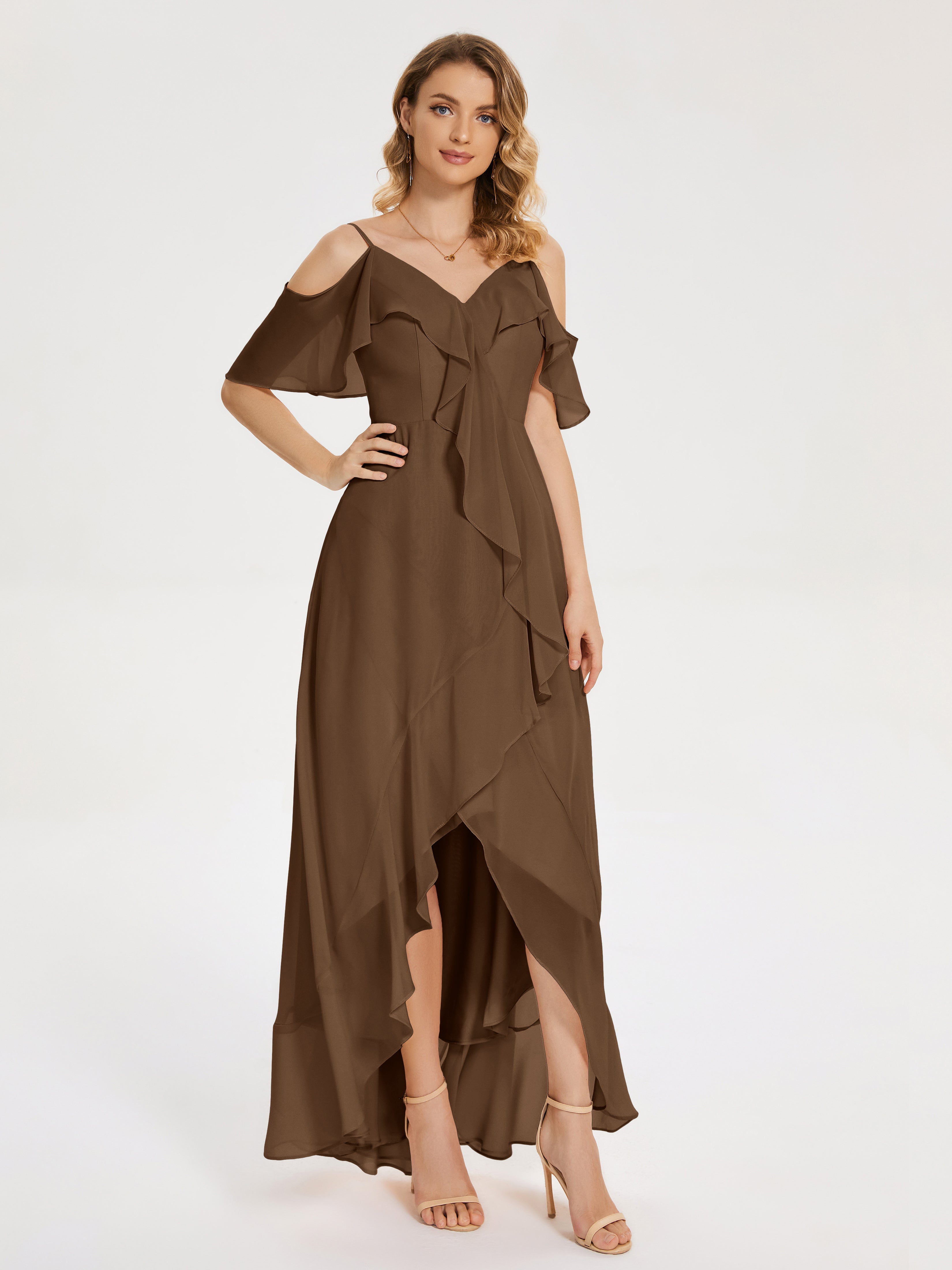Robes De Demoiselle D'Honneur Brun Asymétrique Mousseline Robes Demoiselle D'Honneur À Lacet