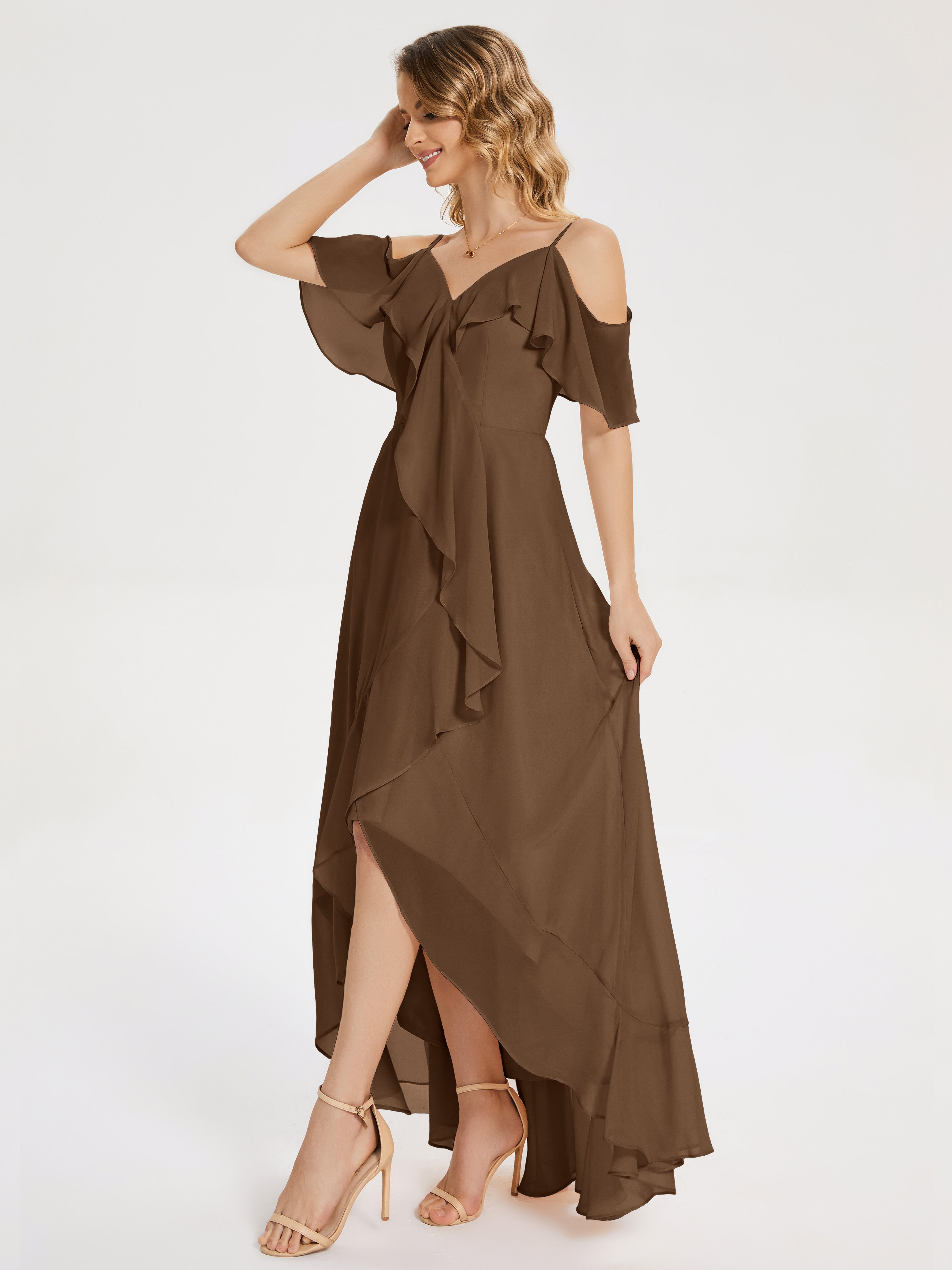 Robes De Demoiselle D'Honneur Brun Asymétrique Mousseline Robes Demoiselle D'Honneur À Lacet