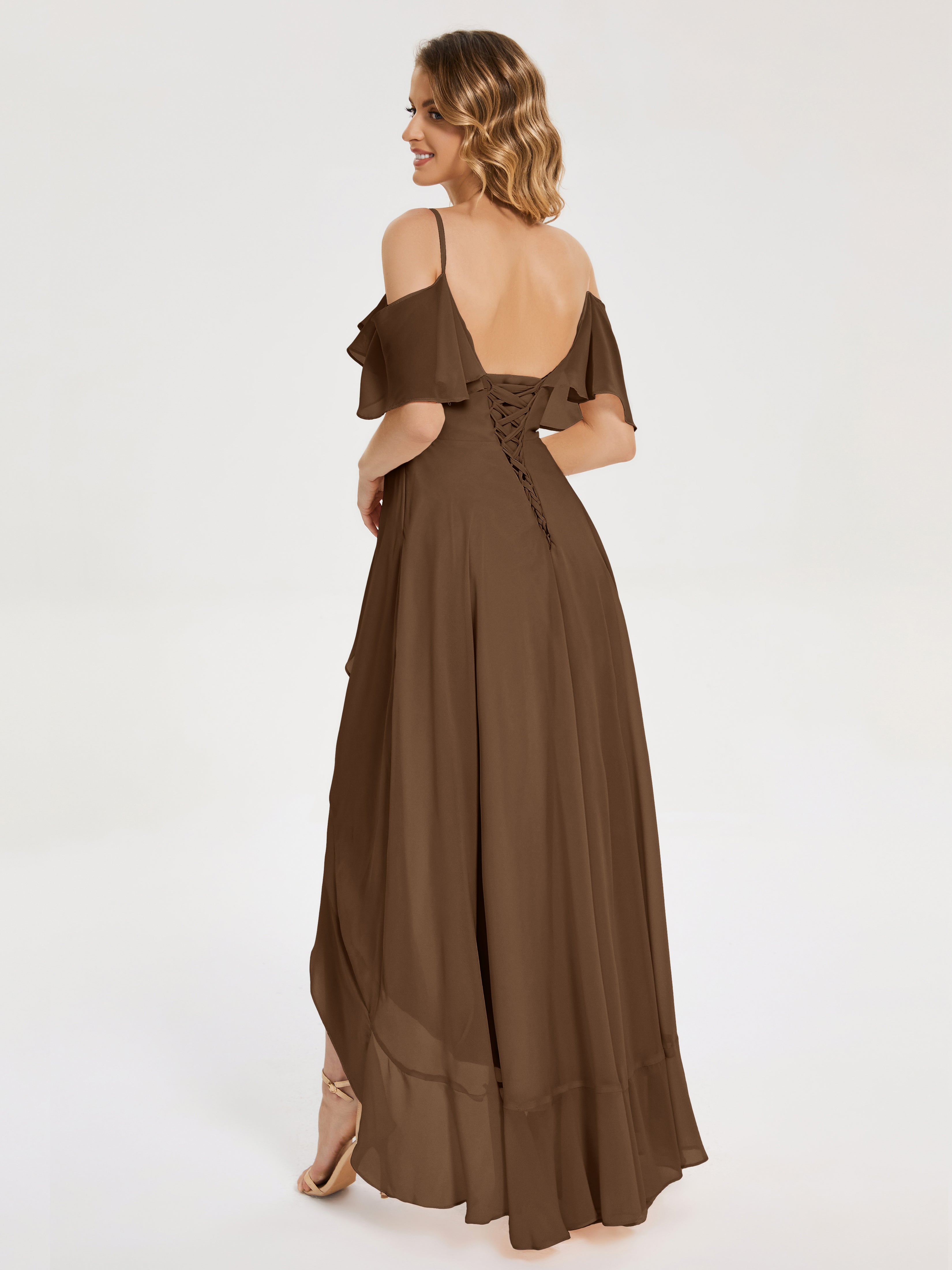 Robes De Demoiselle D'Honneur Brun Asymétrique Mousseline Robes Demoiselle D'Honneur À Lacet