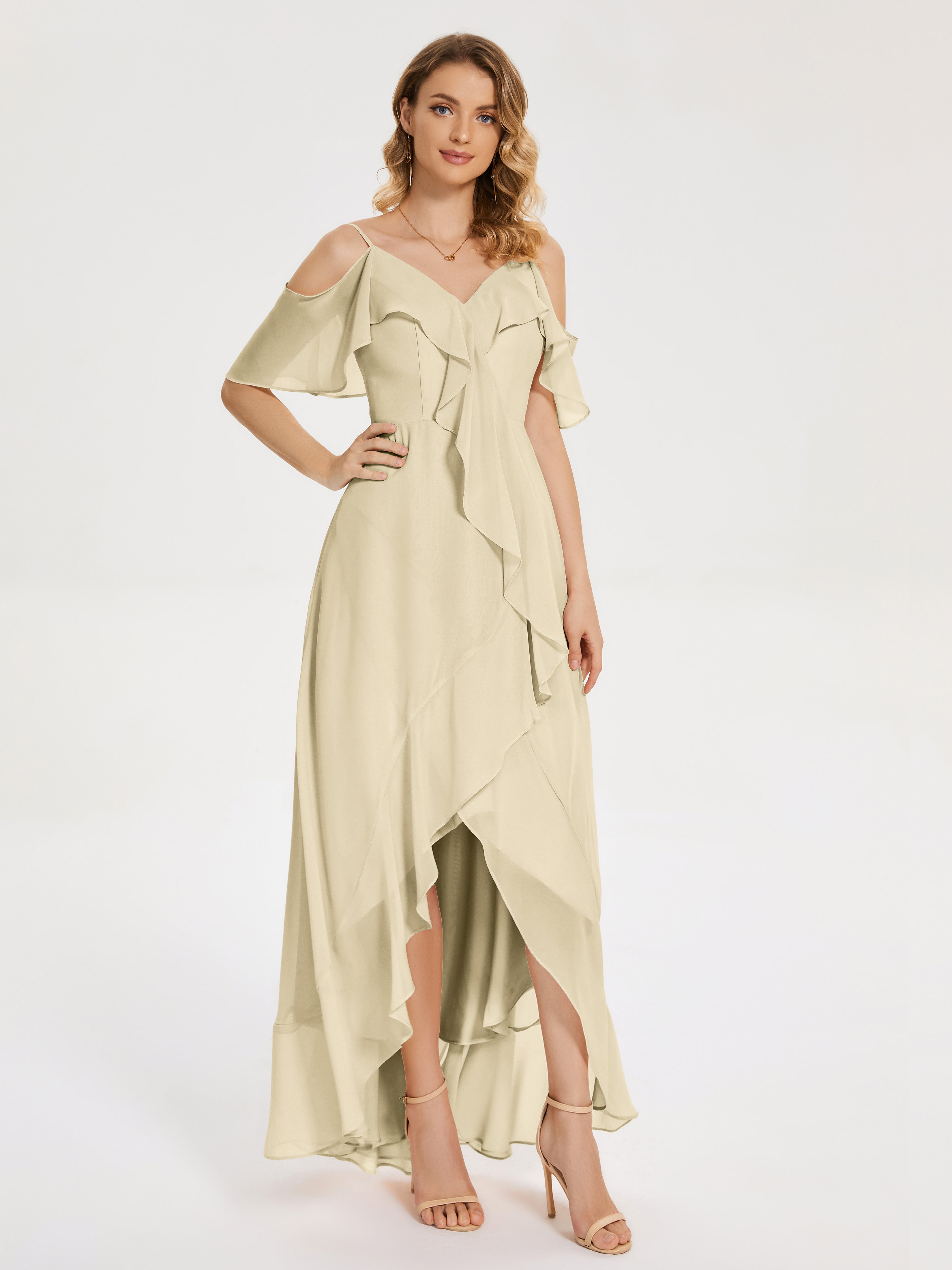 Robe Demoiselle D Honneur Champagne Asymétrique Mousseline Robes Demoiselle D'Honneur À Lacet