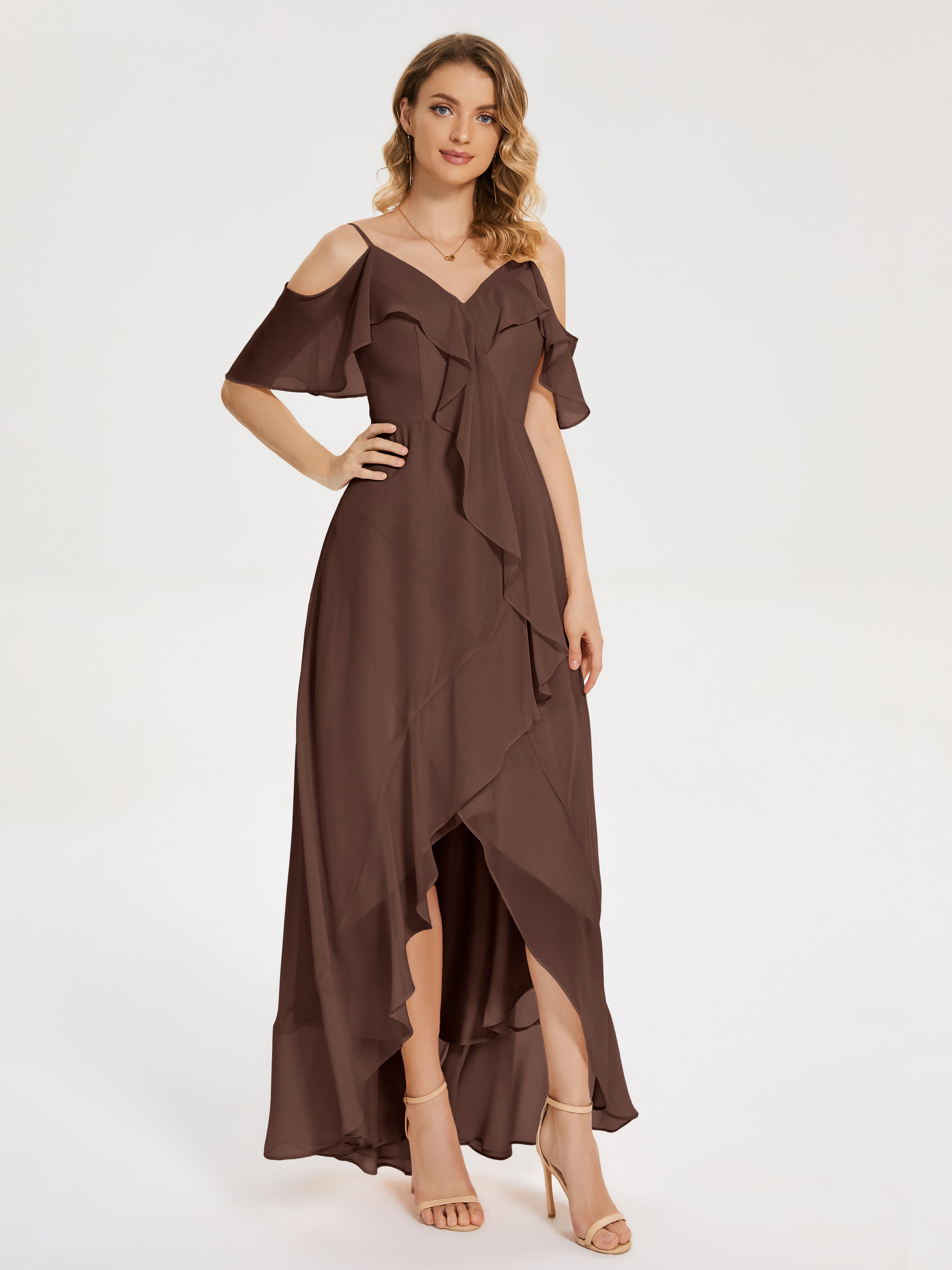 Robe Marron Chocolat Demoiselle D Honneur Asymétrique Mousseline Robes Demoiselle D'Honneur À Lacet
