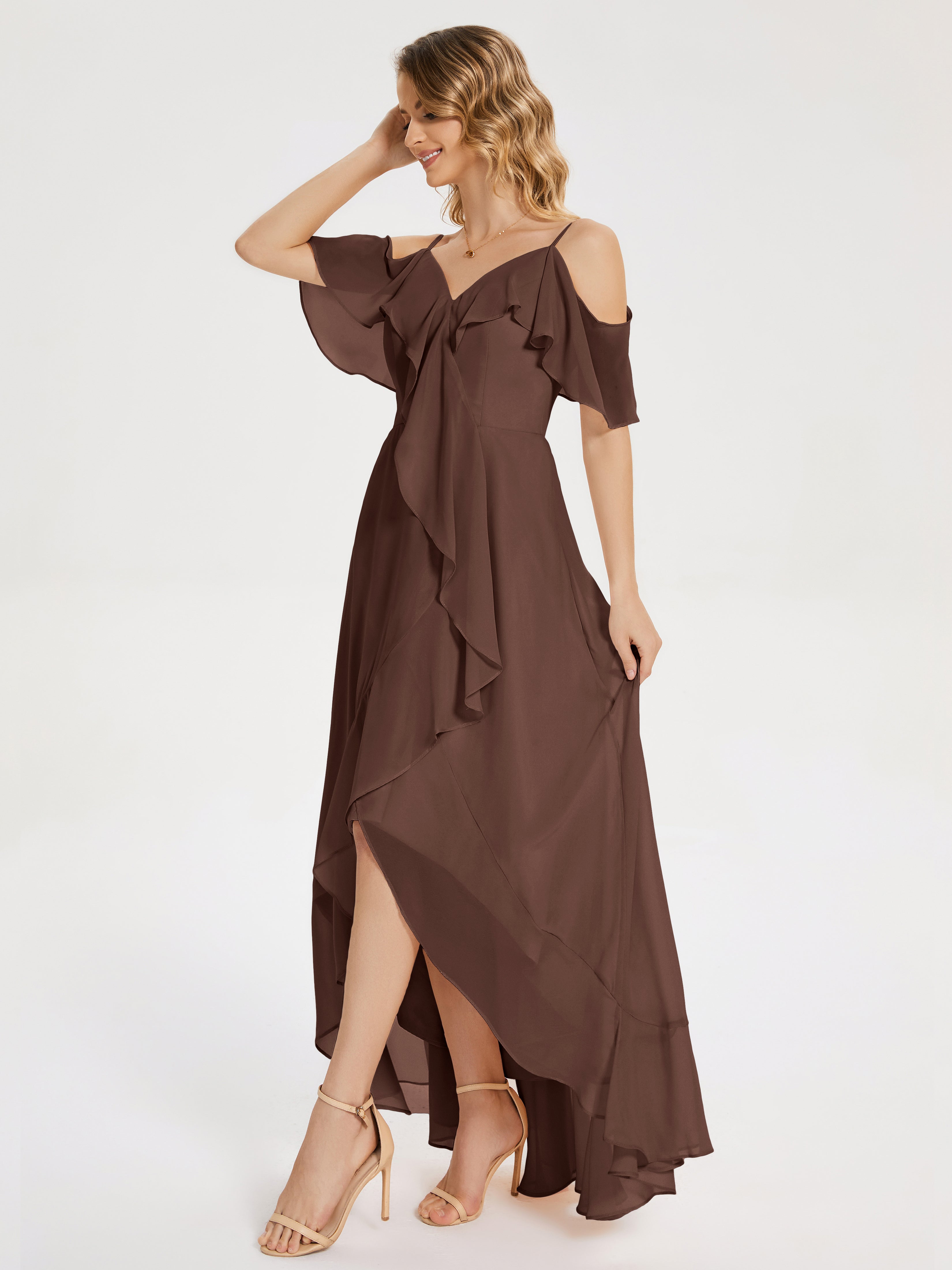 Robe Marron Chocolat Demoiselle D Honneur Asymétrique Mousseline Robes Demoiselle D'Honneur À Lacet