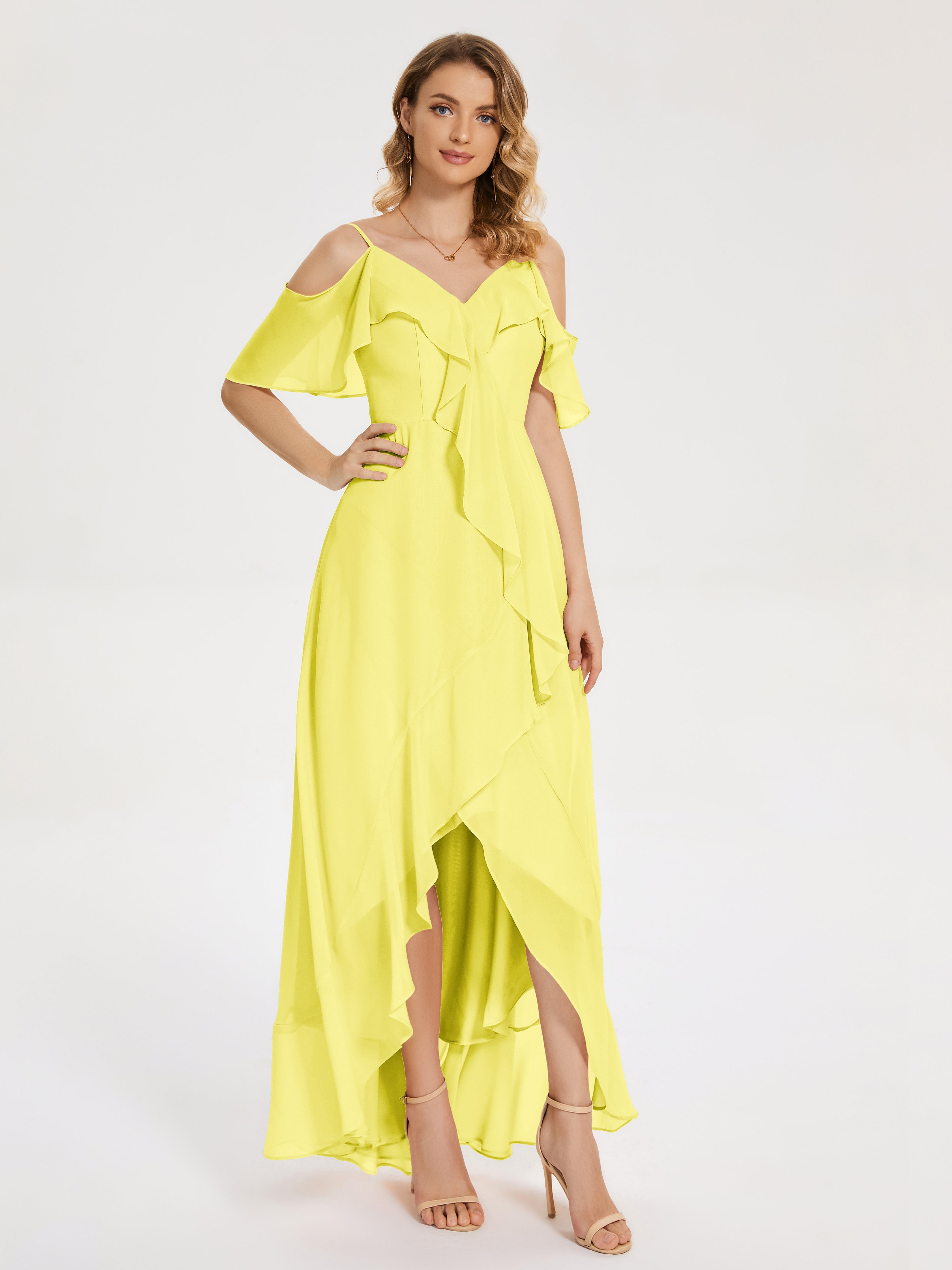 Robes De Demoiselle D'Honneur Citron Asymétrique Mousseline Robes Demoiselle D'Honneur À Lacet