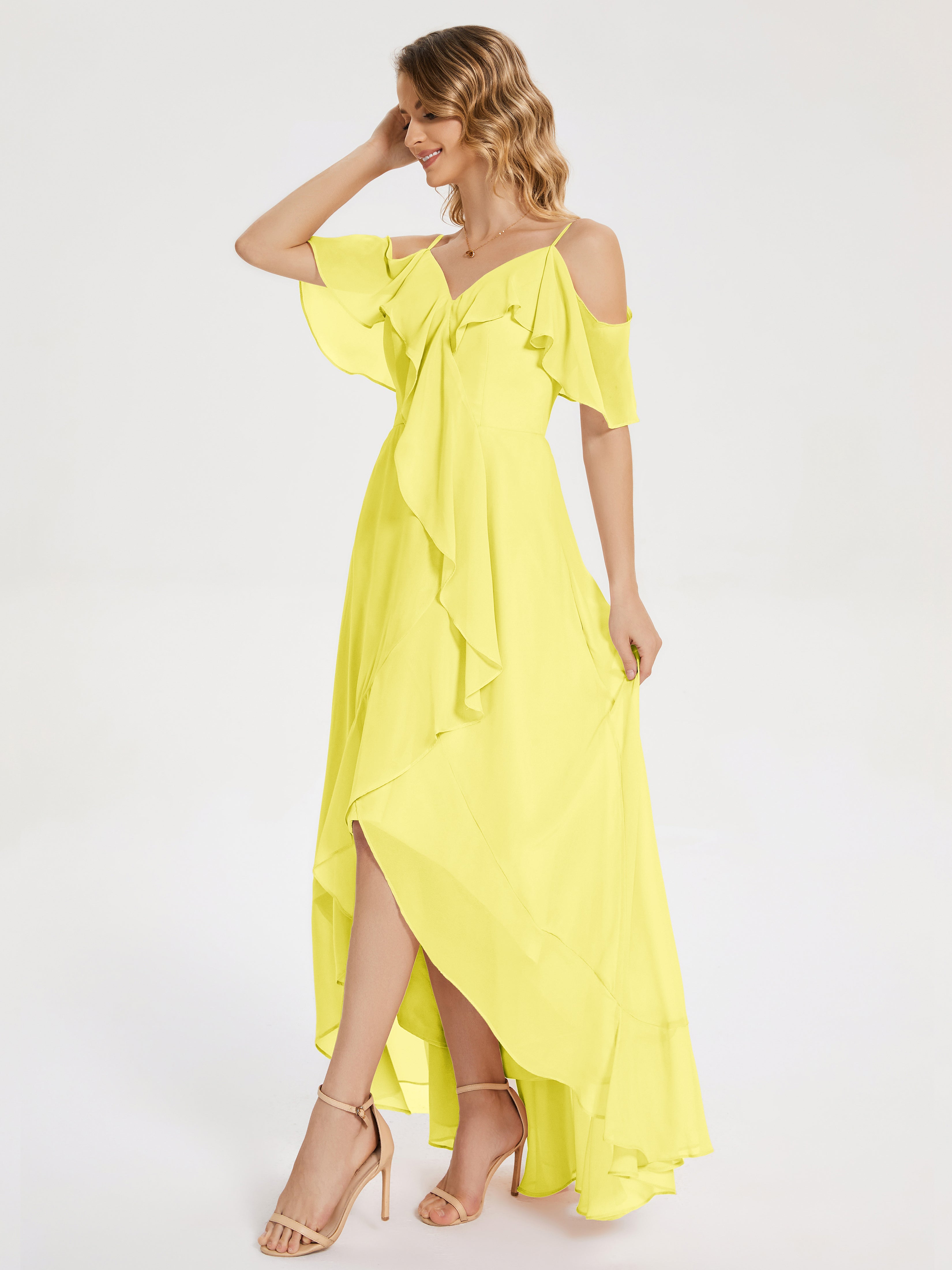 Robes De Demoiselle D'Honneur Citron Asymétrique Mousseline Robes Demoiselle D'Honneur À Lacet