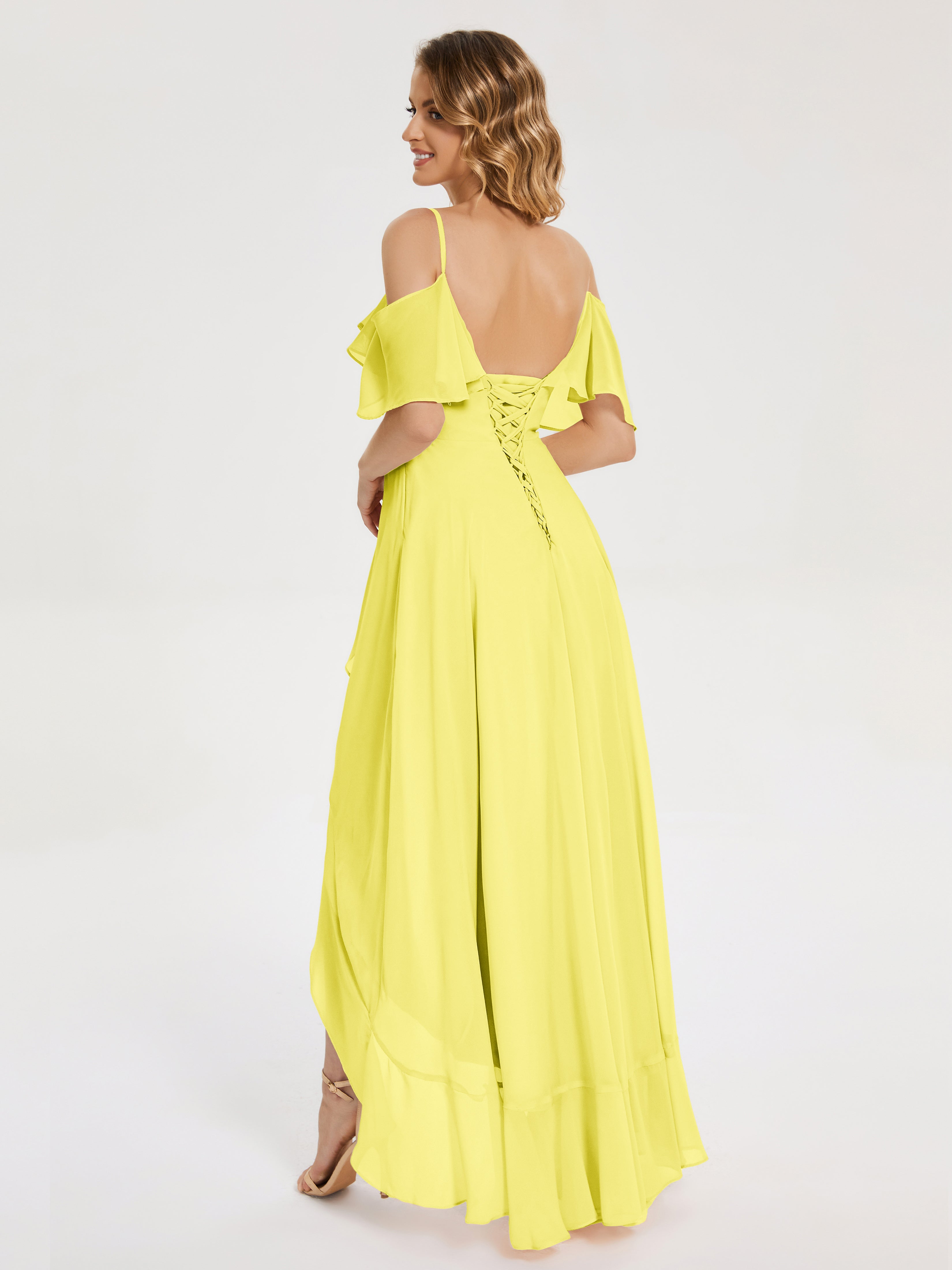 Robes De Demoiselle D'Honneur Citron Asymétrique Mousseline Robes Demoiselle D'Honneur À Lacet