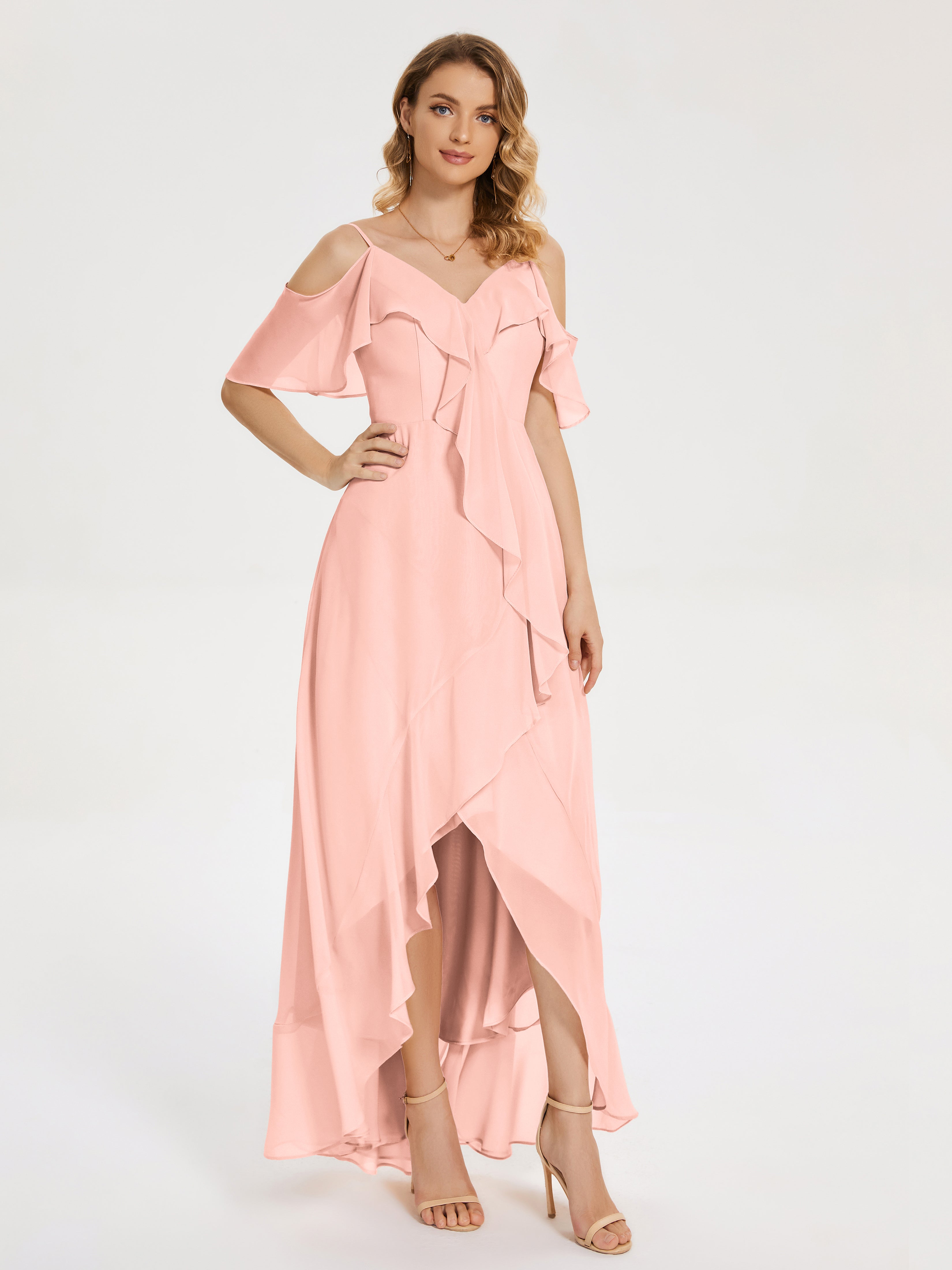Robe Corail Demoiselle D Honneur Asymétrique Mousseline Robes Demoiselle D'Honneur À Lacet