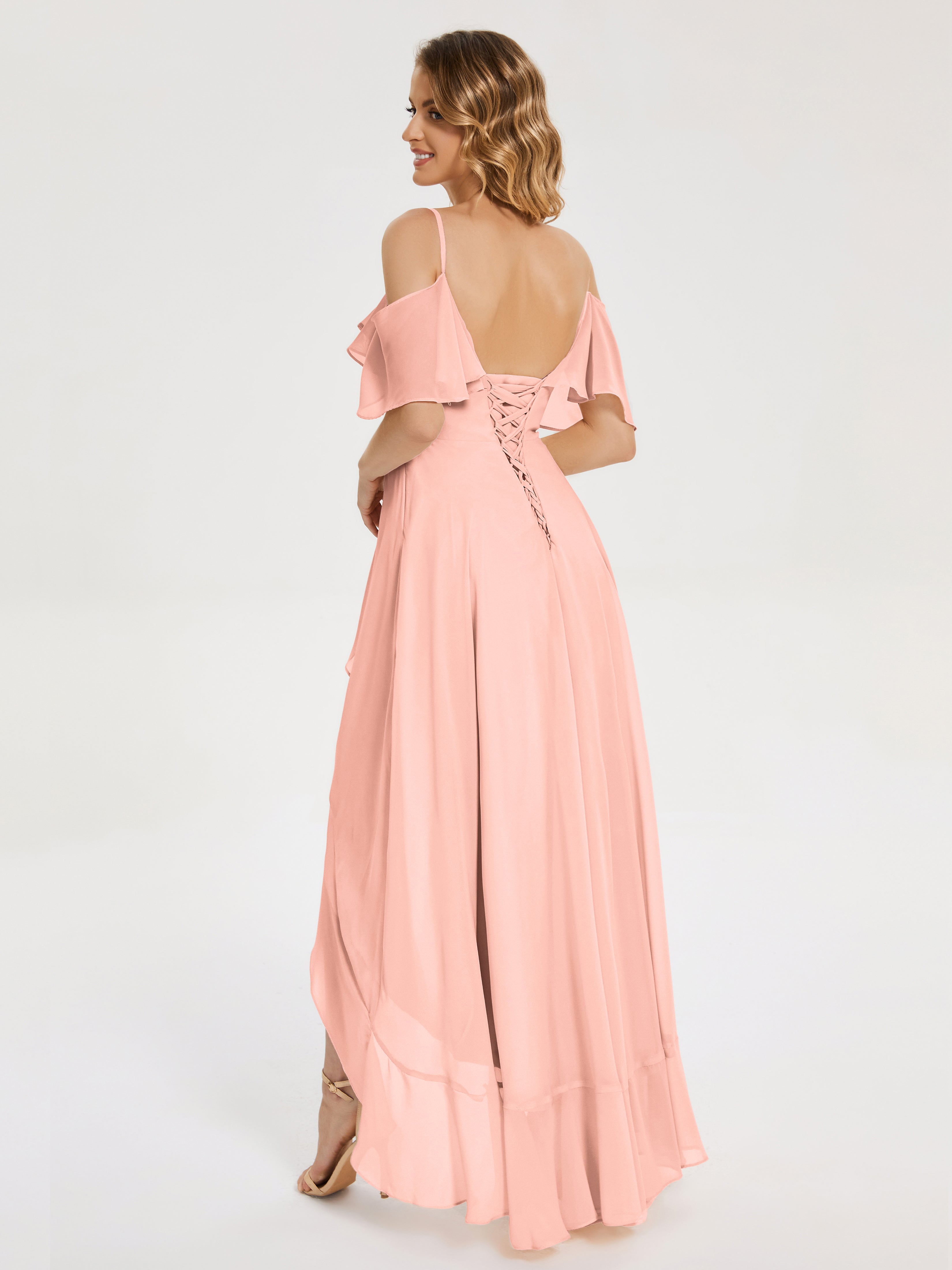 Robe Corail Demoiselle D Honneur Asymétrique Mousseline Robes Demoiselle D'Honneur À Lacet