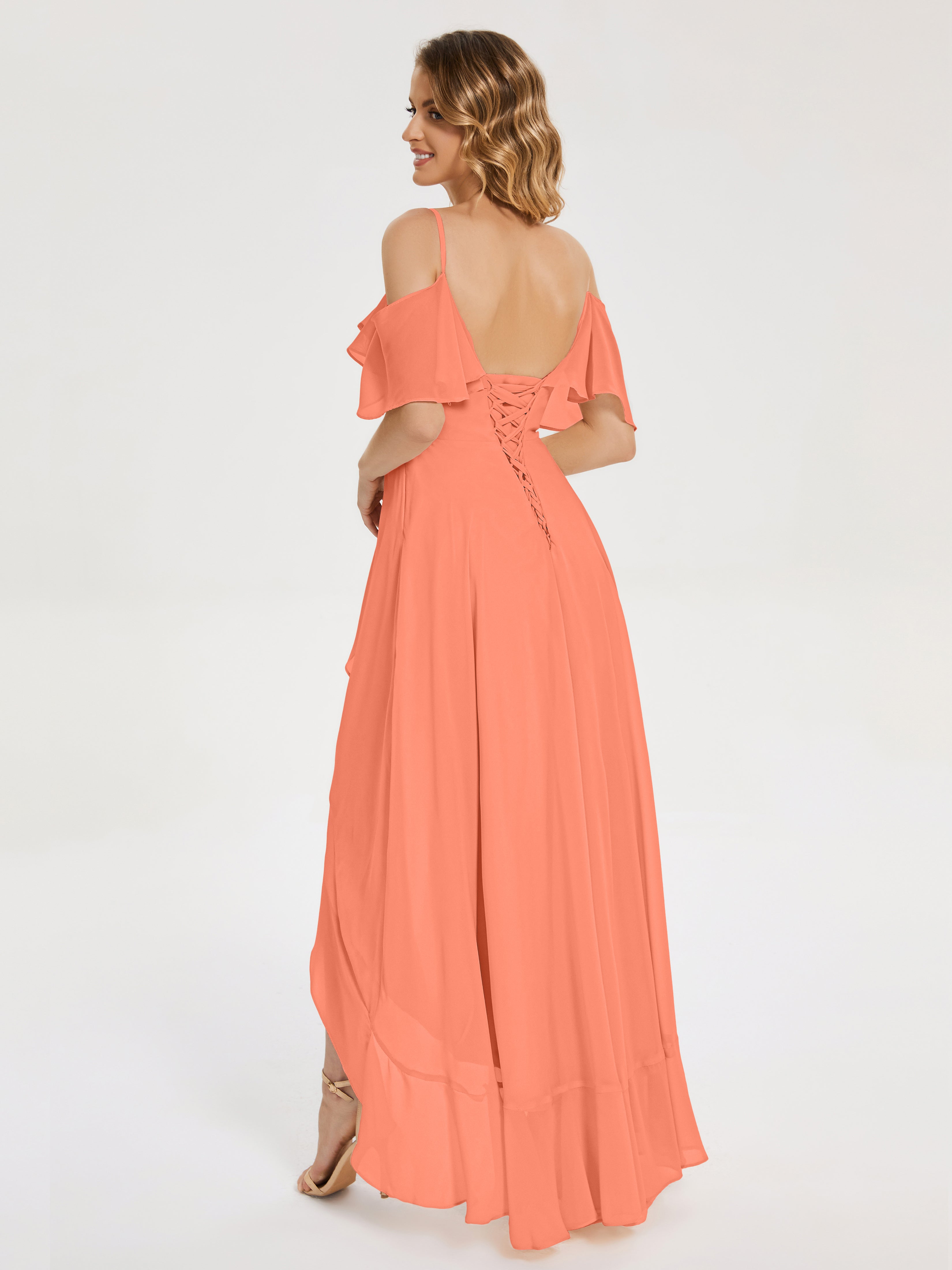 Robes De Demoiselle D'Honneur Coucher De Soleil Asymétrique Mousseline Robes Demoiselle D'Honneur À Lacet
