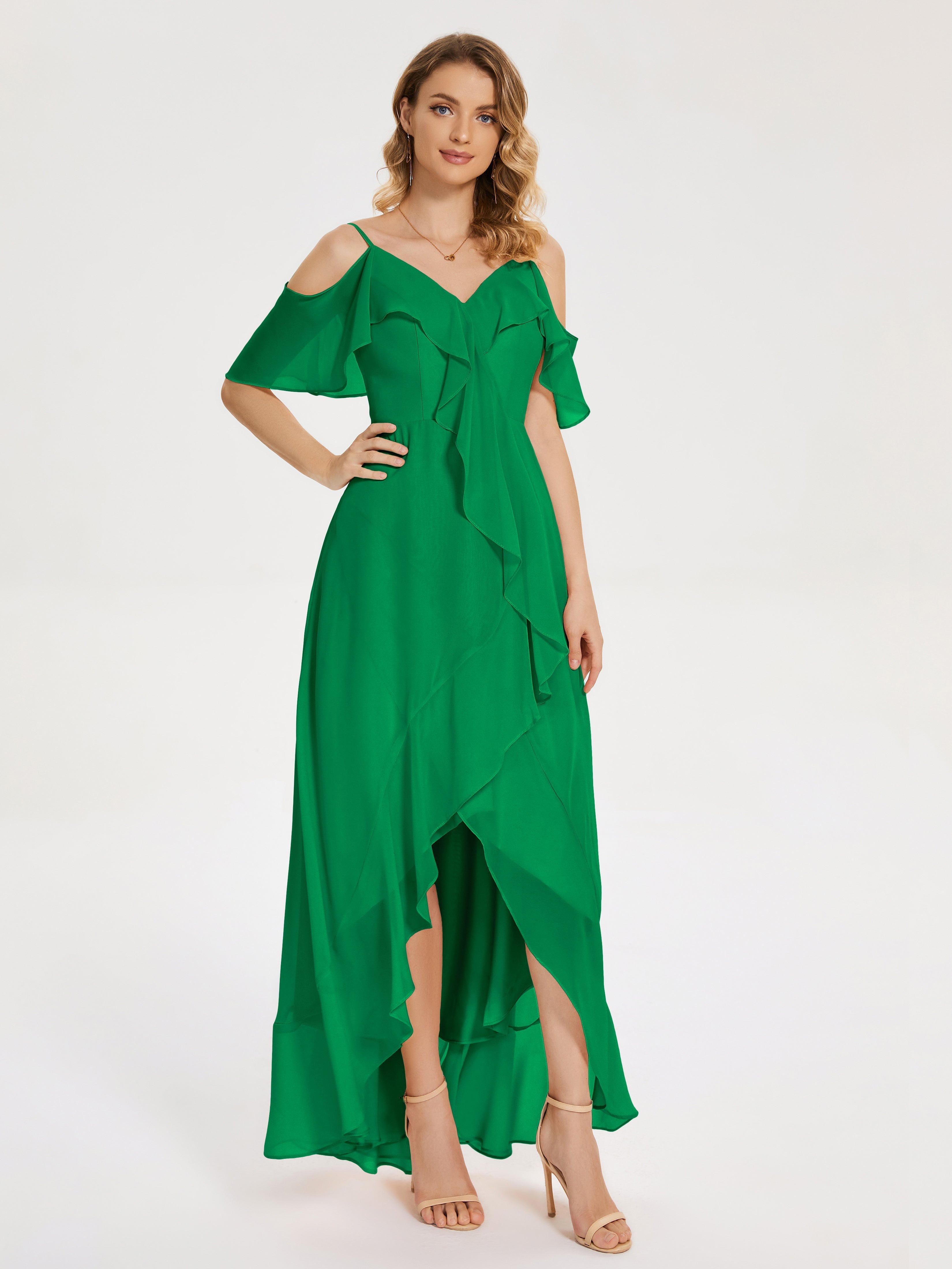 Robe Demoiselle D Honneur Vert Émeraude Asymétrique Mousseline Robes Demoiselle D'Honneur À Lacet