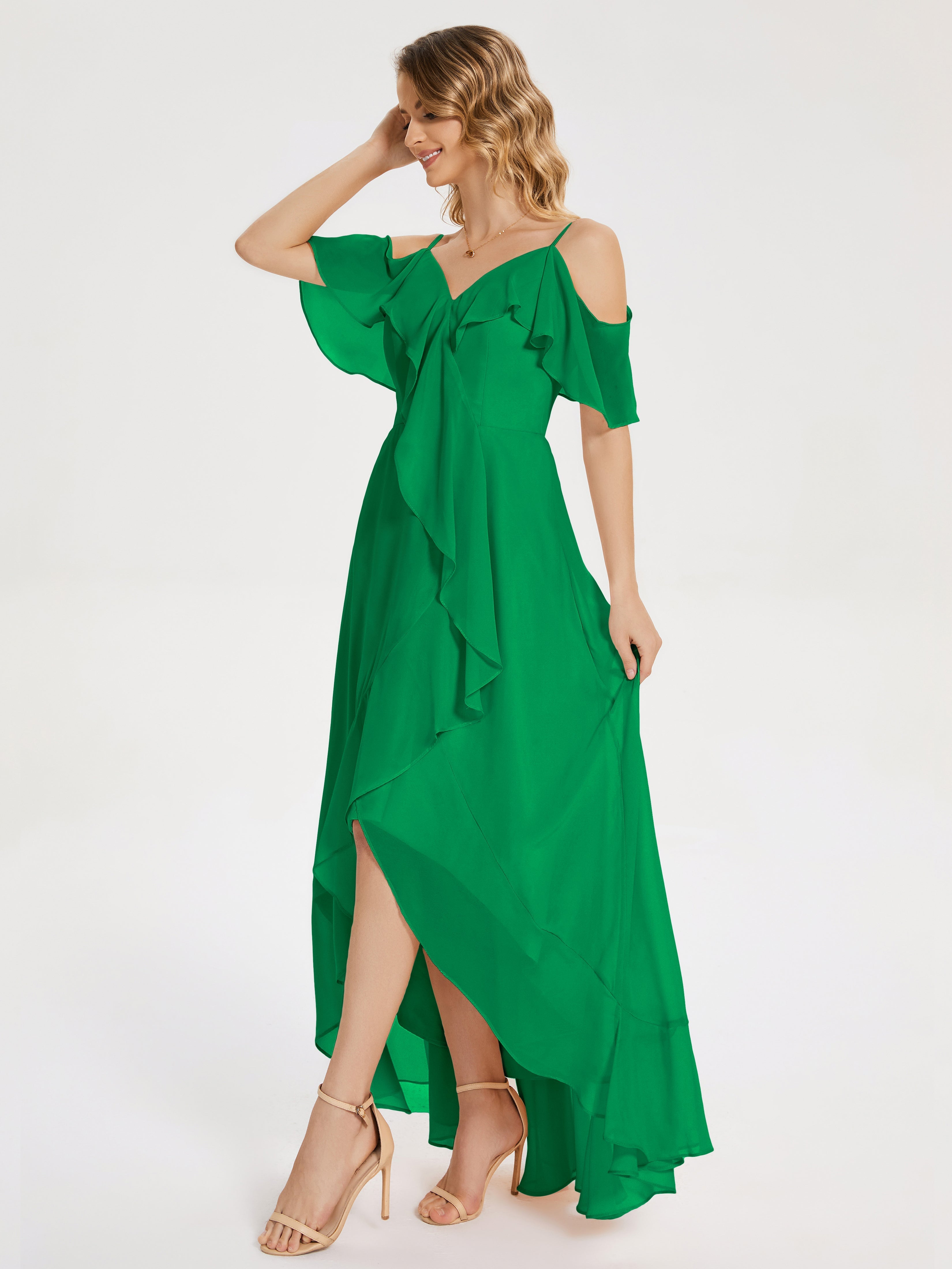 Robe Demoiselle D Honneur Vert Émeraude Asymétrique Mousseline Robes Demoiselle D'Honneur À Lacet