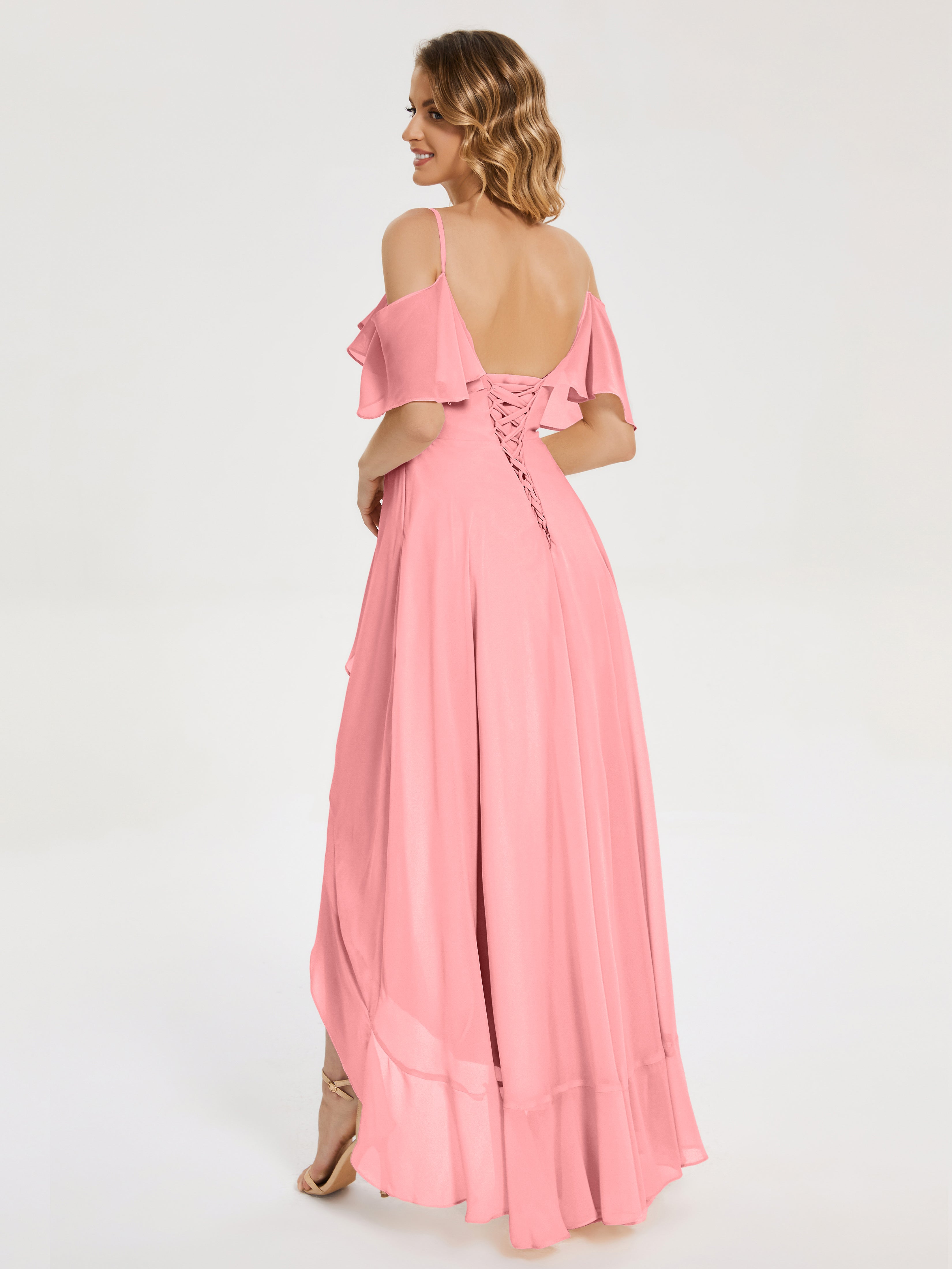 Robes De Demoiselle D'Honneur En Flamant Asymétrique Mousseline Robes Demoiselle D'Honneur À Lacet