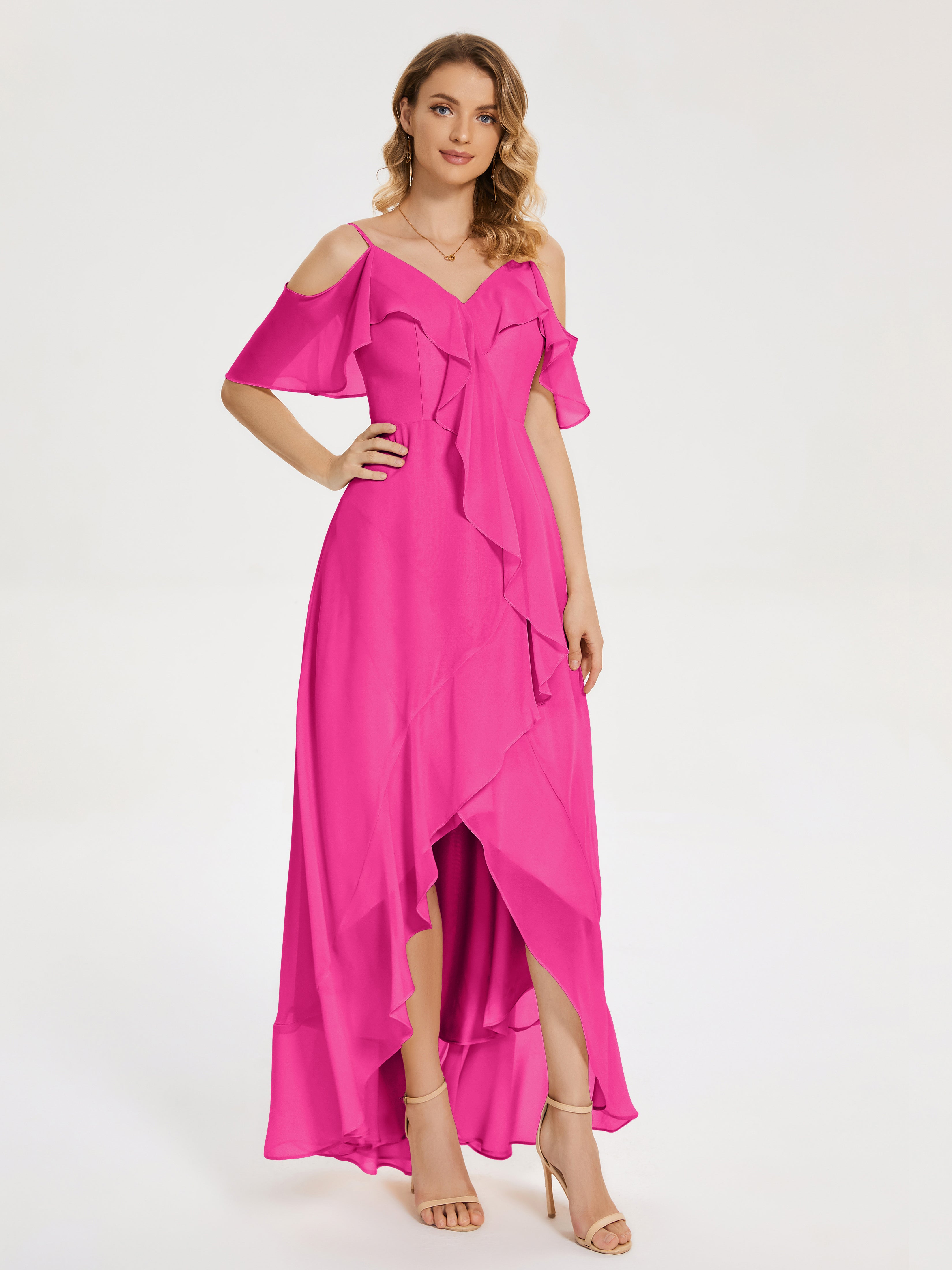 Robe Demoiselle D Honneur Fuchsia Asymétrique Mousseline Robes Demoiselle D'Honneur À Lacet