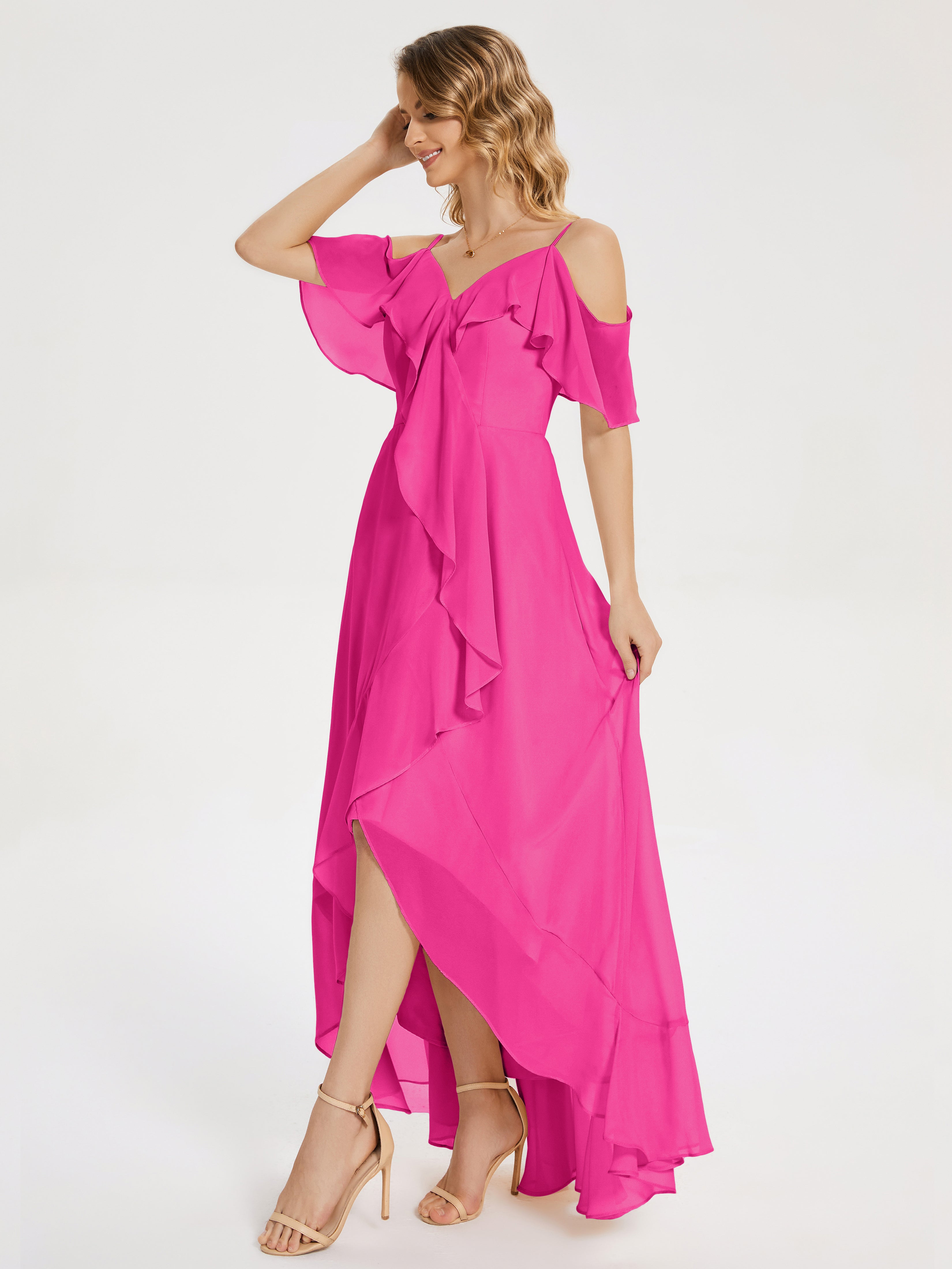Robe Demoiselle D Honneur Fuchsia Asymétrique Mousseline Robes Demoiselle D'Honneur À Lacet