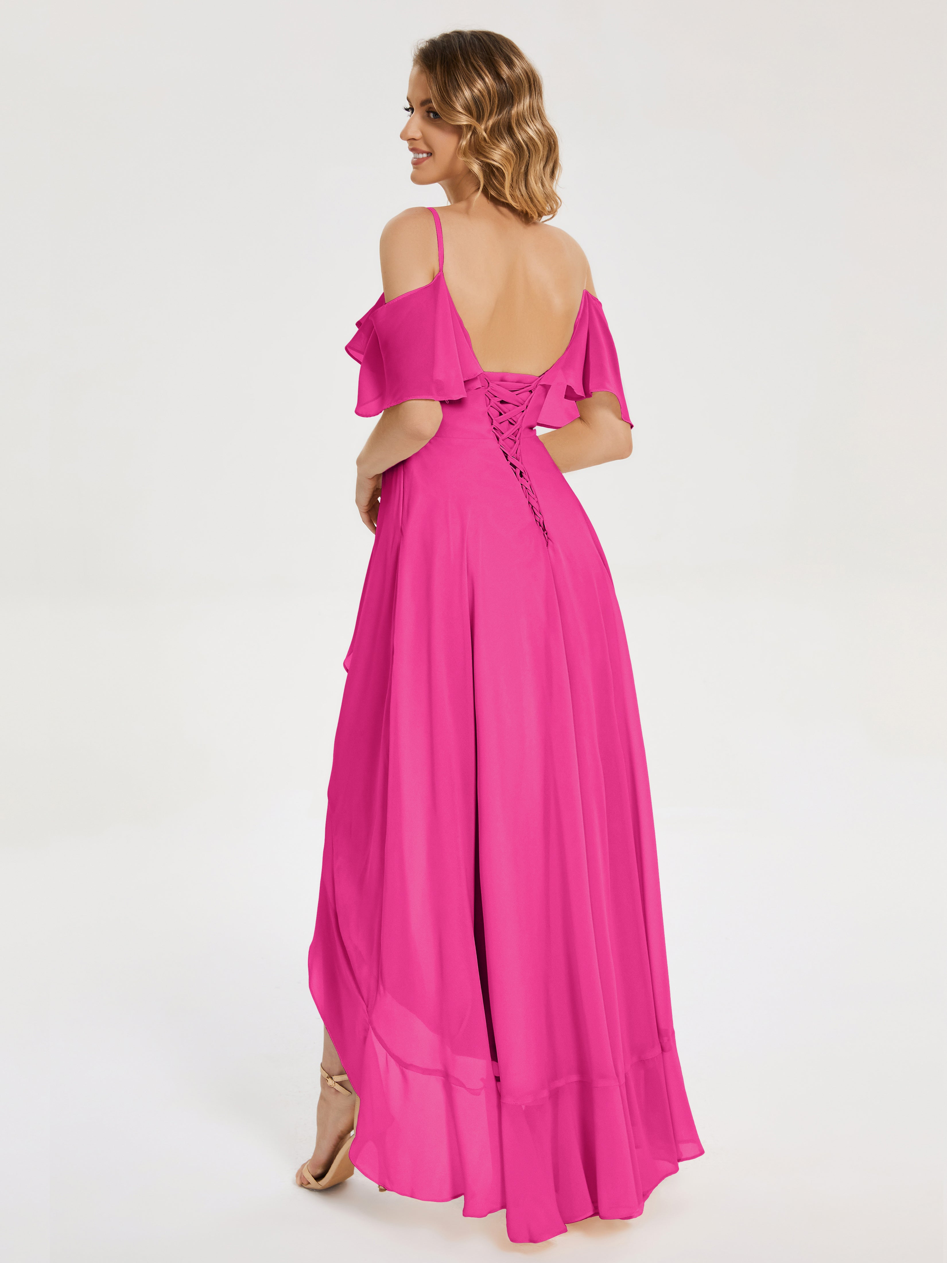Robe Demoiselle D Honneur Fuchsia Asymétrique Mousseline Robes Demoiselle D'Honneur À Lacet