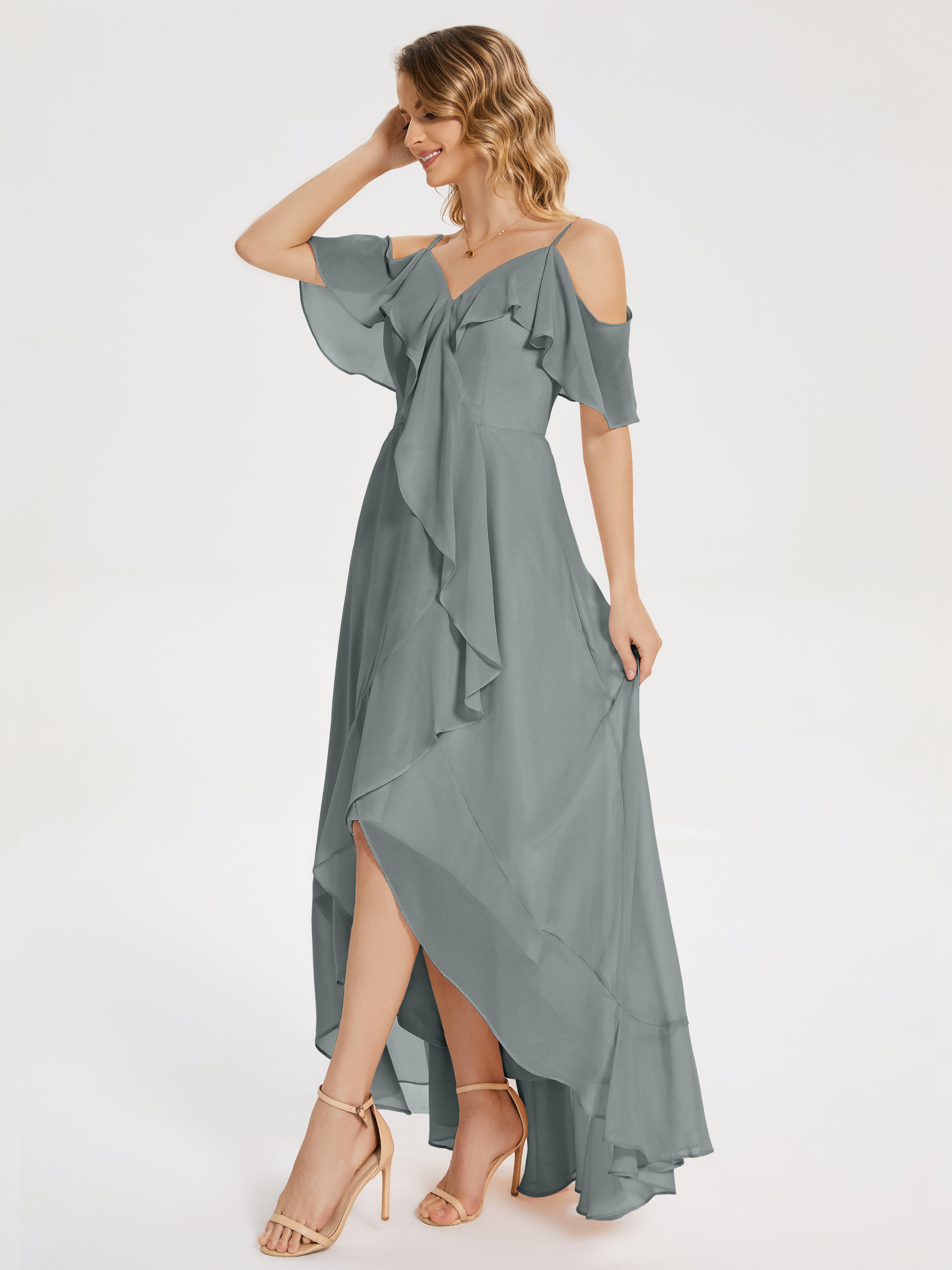 Robe Grise Demoiselle D Honneur Asymétrique Mousseline Robes Demoiselle D'Honneur À Lacet