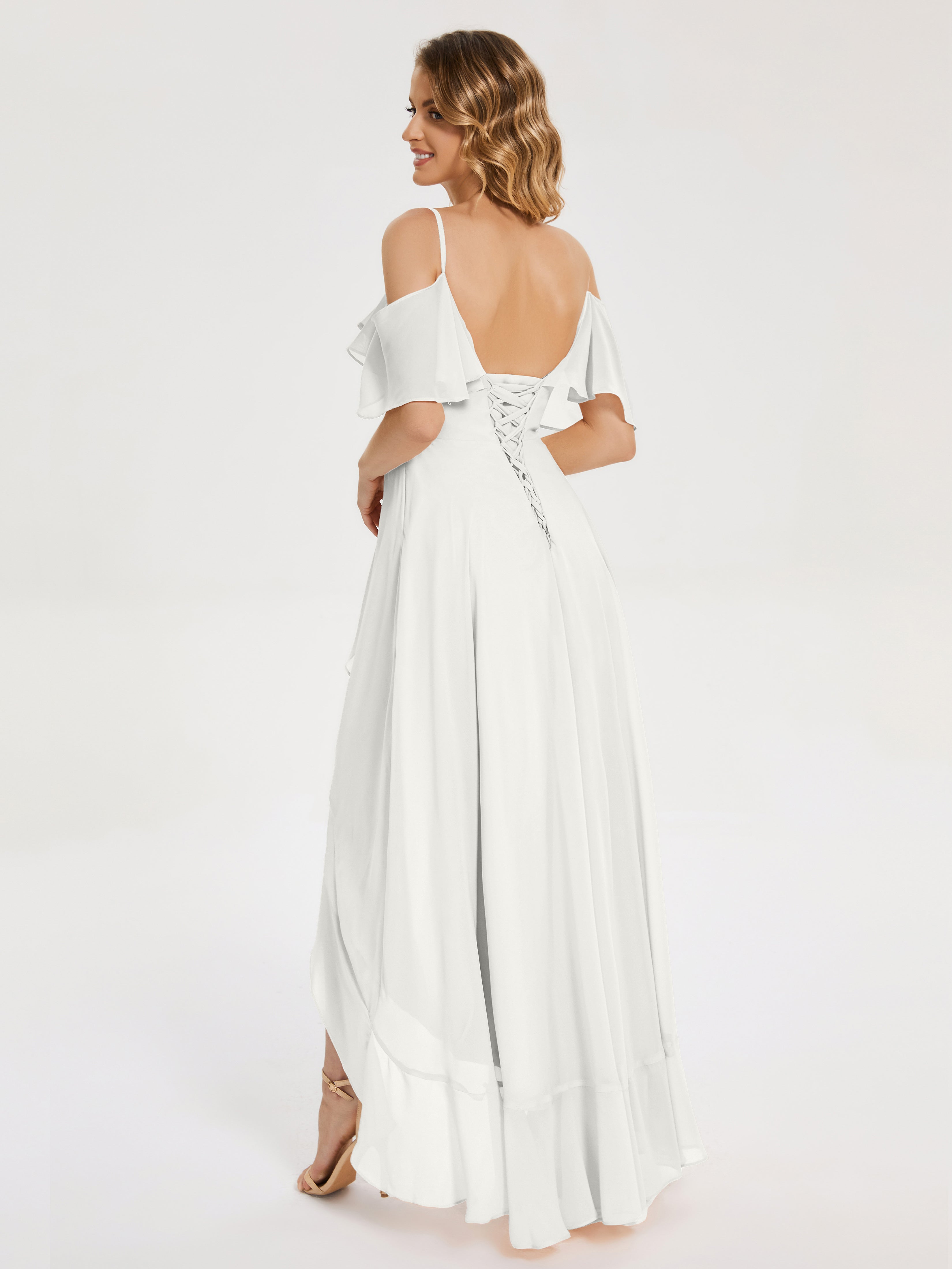 Robe Ivoire Demoiselle D Honneur Asymétrique Mousseline Robes Demoiselle D'Honneur À Lacet