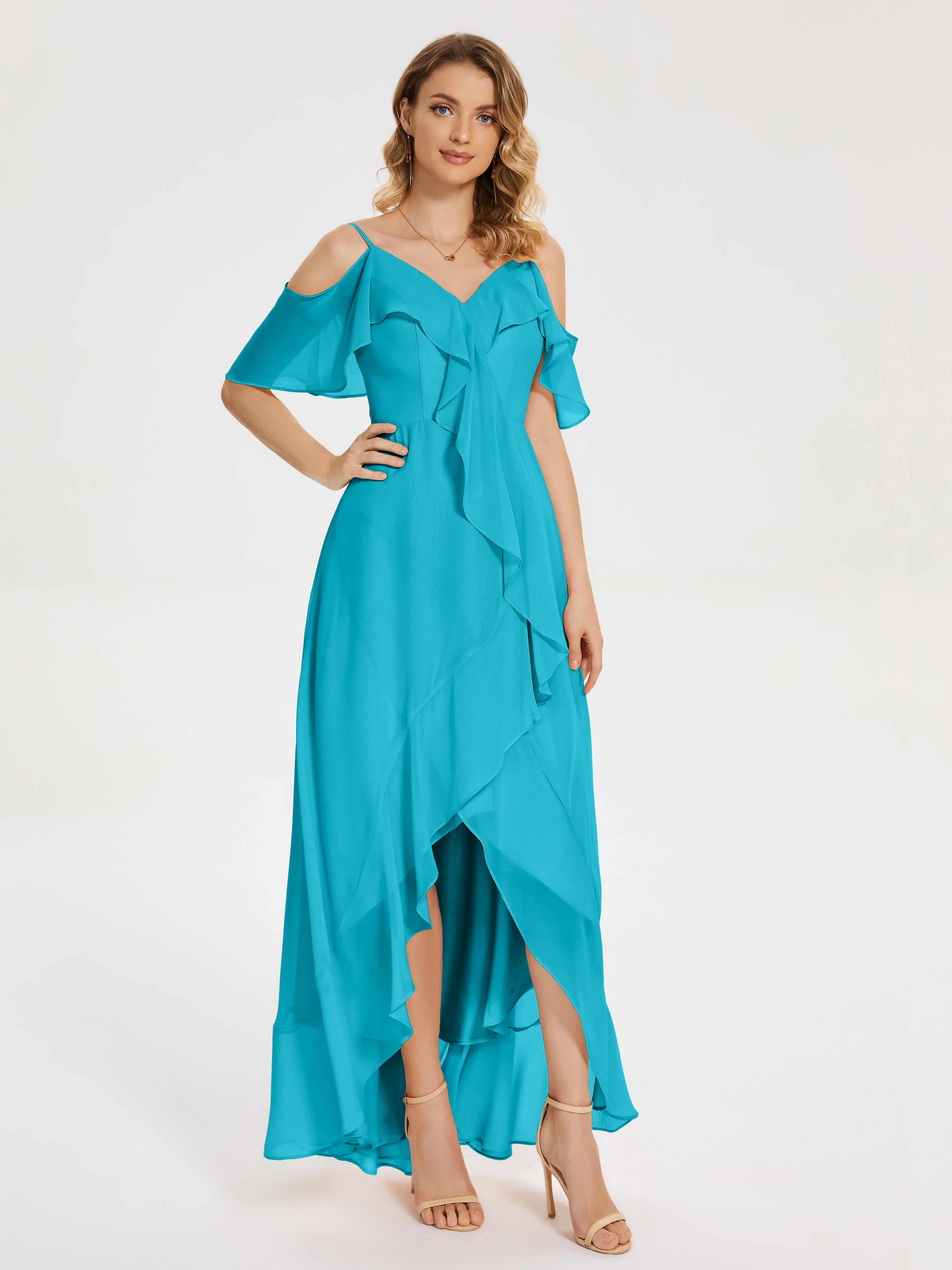 Robes De Demoiselle D'Honneur Vert Jade Asymétrique Mousseline Robes Demoiselle D'Honneur À Lacet
