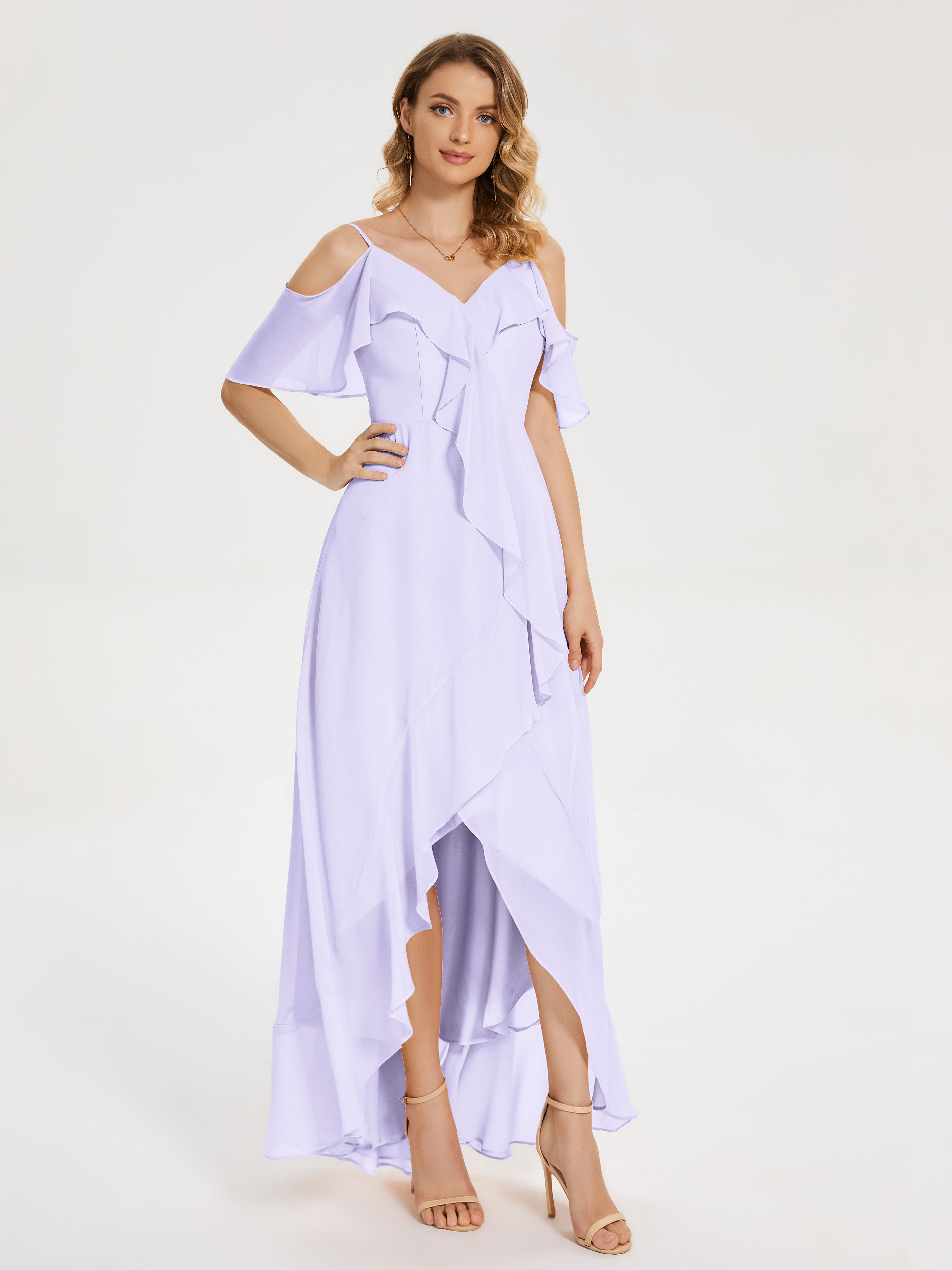 Robe Lilas Demoiselle D Honneur Asymétrique Mousseline Robes Demoiselle D'Honneur À Lacet